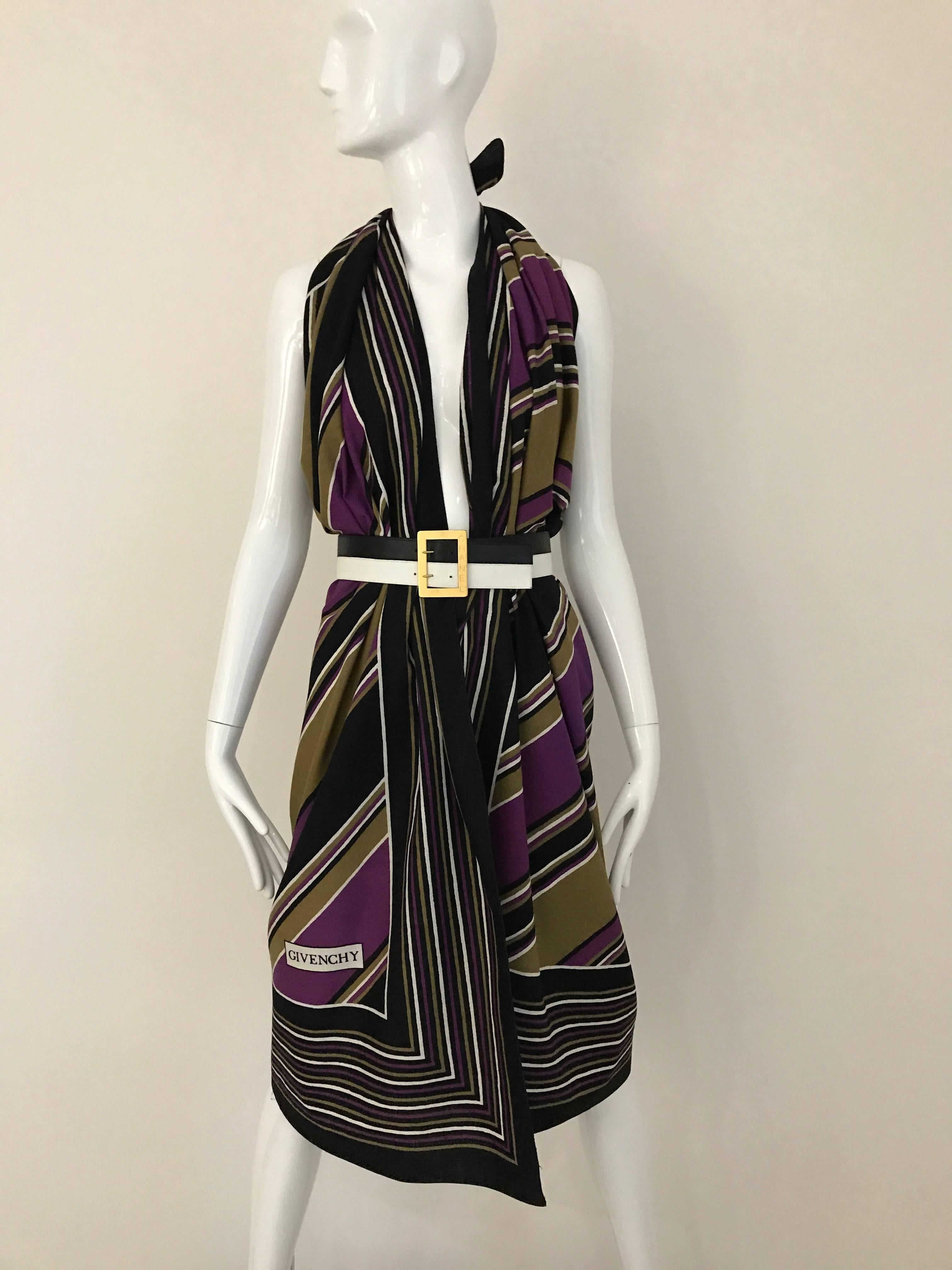 Oversized 70s Givenchy Oversized Cotton Scarf or shawl in Purple, Black, white and taupe striped diagonal print.  Scarf can be worn as Halter Dress for beach cover up. As seen here Scarf is styled with vintage Chanel Belt available for purchase at