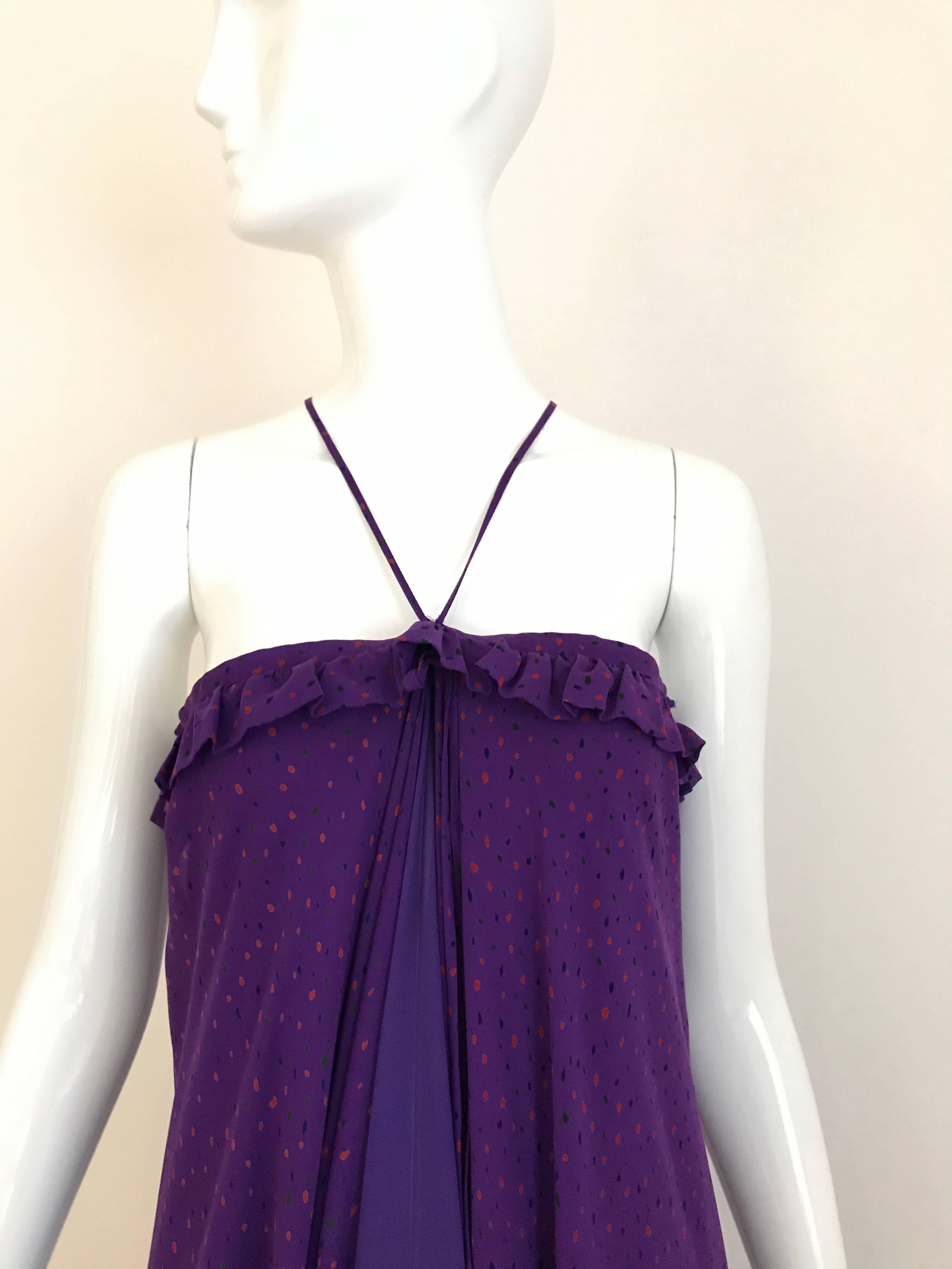 1970s JEAN PATOU Purple and small orange dots Silk Print Multi Layer Halter Maxi 70s Vintage Dress.
This Jean Patou has 3 layers of silk fabric. Halter neck and ruffle on the bodice.
Fit size 6/8
Bust: 38 inch/  Above the bust where the ruffle sit: