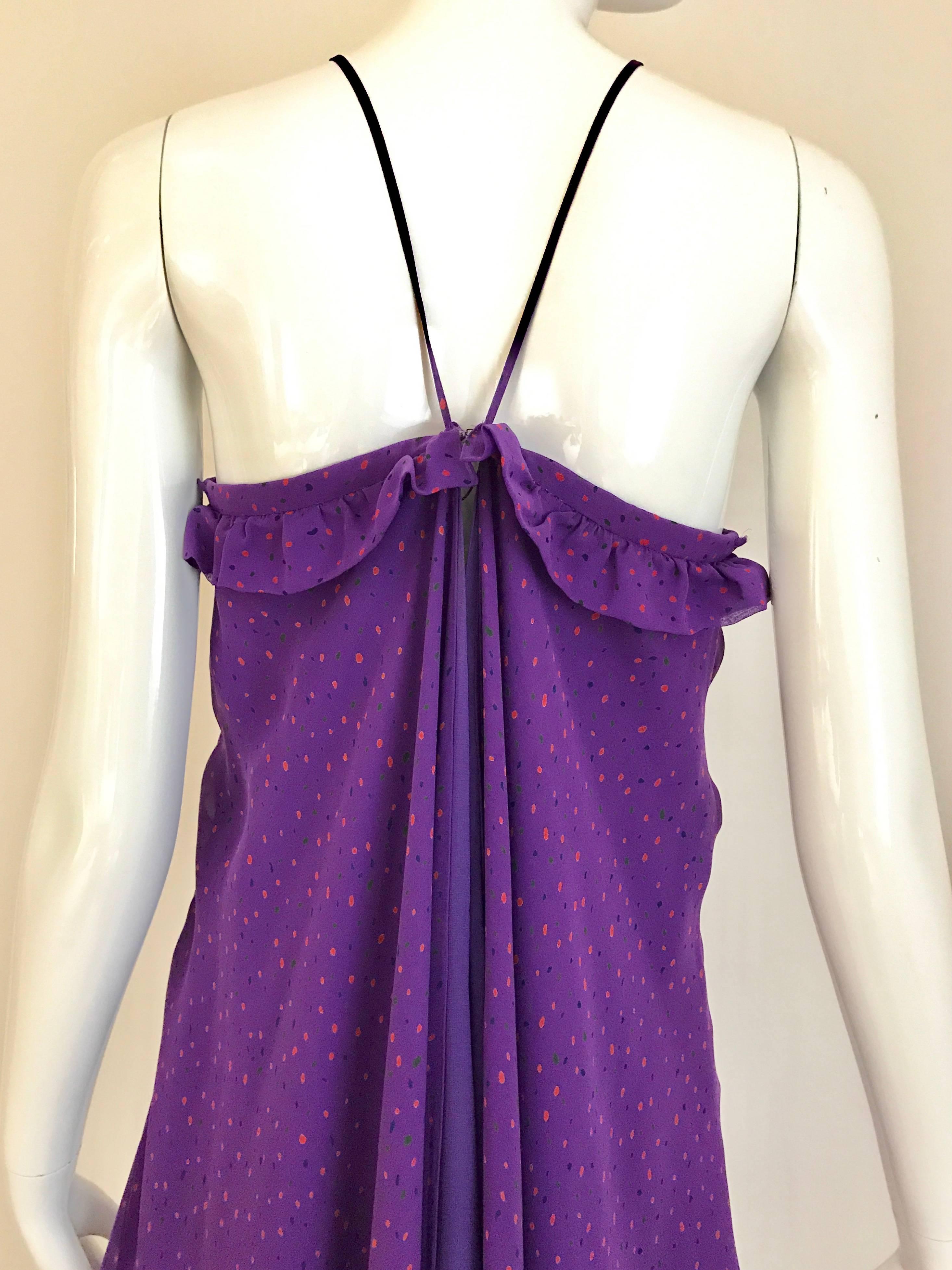 1970s JEAN PATOU Purple Silk Print Multi Layer Halter Maxi 70s Vintage Dress In Good Condition In Beverly Hills, CA