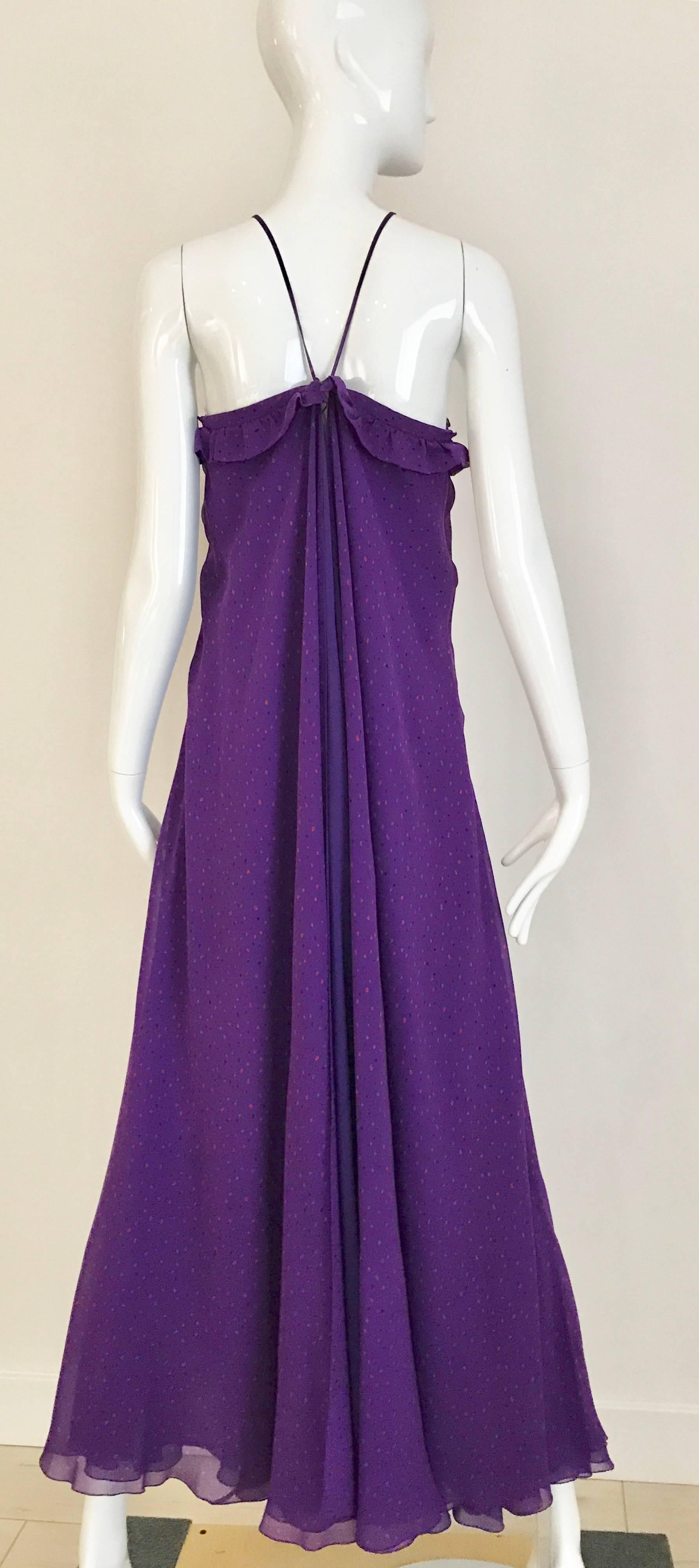 1970s JEAN PATOU Purple Silk Print Multi Layer Halter Maxi 70s Vintage Dress 1