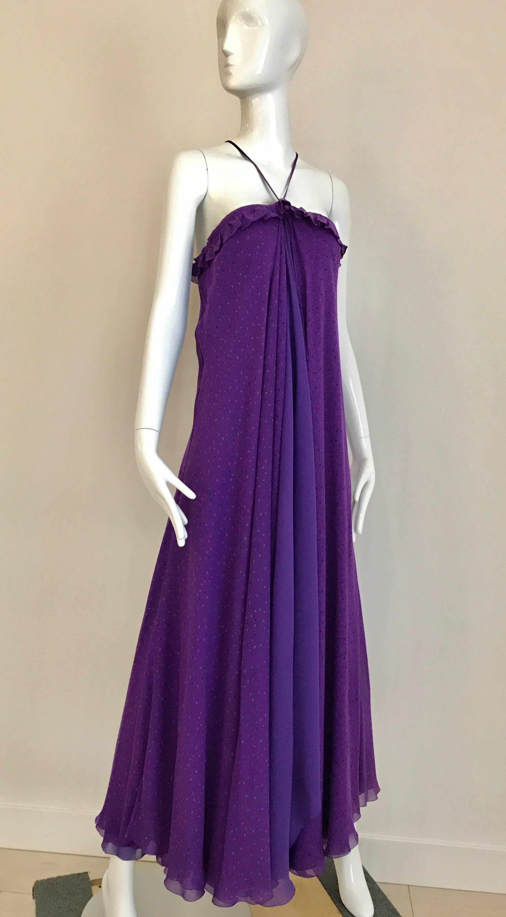 1970s JEAN PATOU Purple Silk Print Multi Layer Halter Maxi 70s Vintage Dress 3