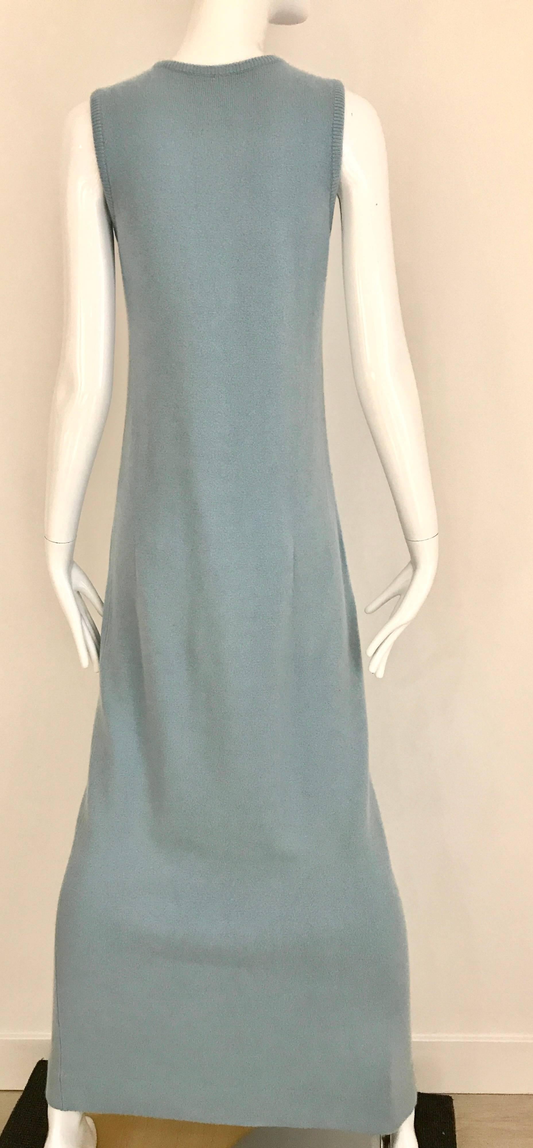 1970s HALSTON Baby Blue Sleeveless Cashmere Vintage Sweater 70s Dress In Good Condition For Sale In Beverly Hills, CA