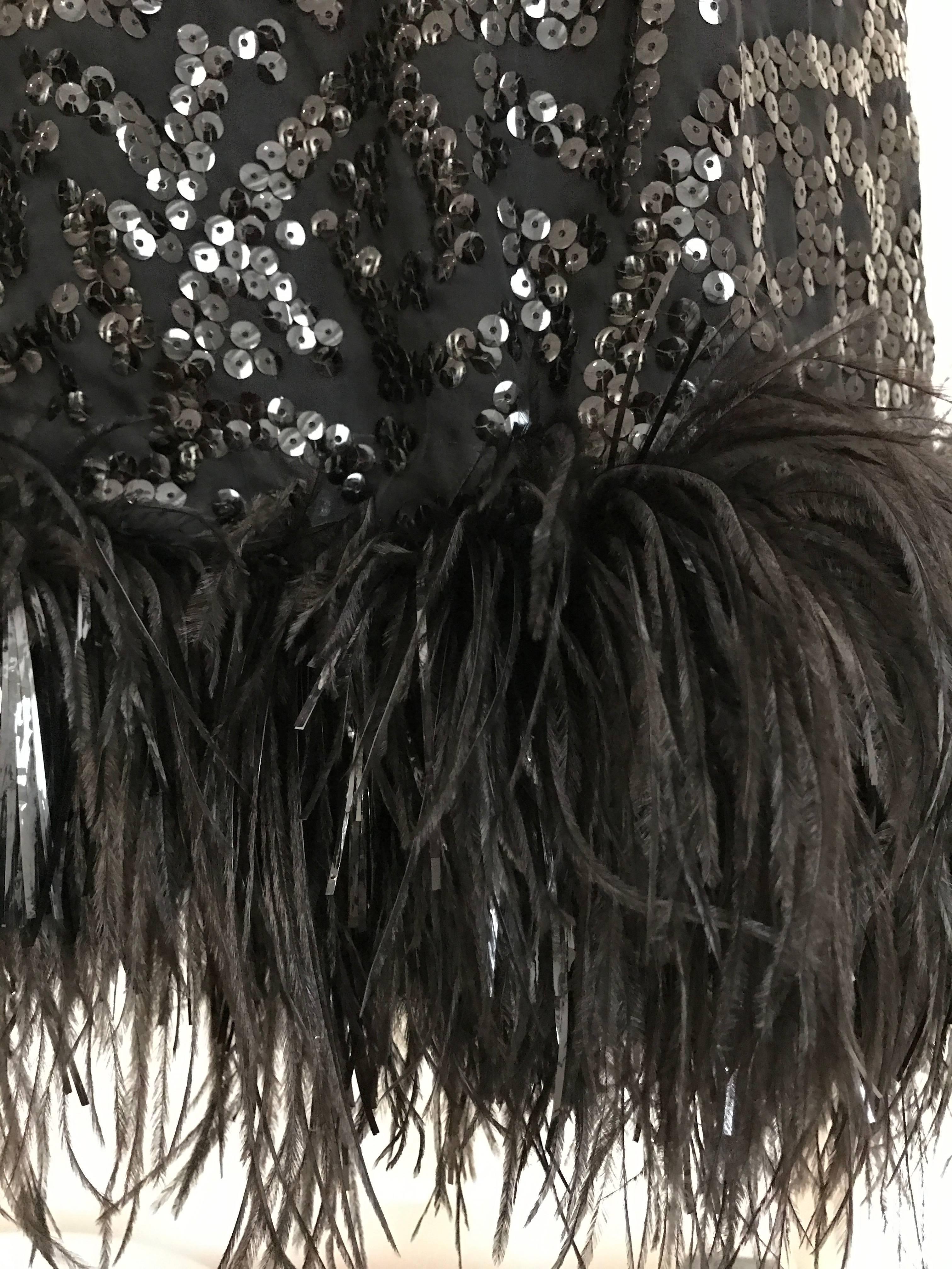 1970s BILL BLASS Black V Neck Sequin Gown with Ostrich Feathers In Excellent Condition In Beverly Hills, CA