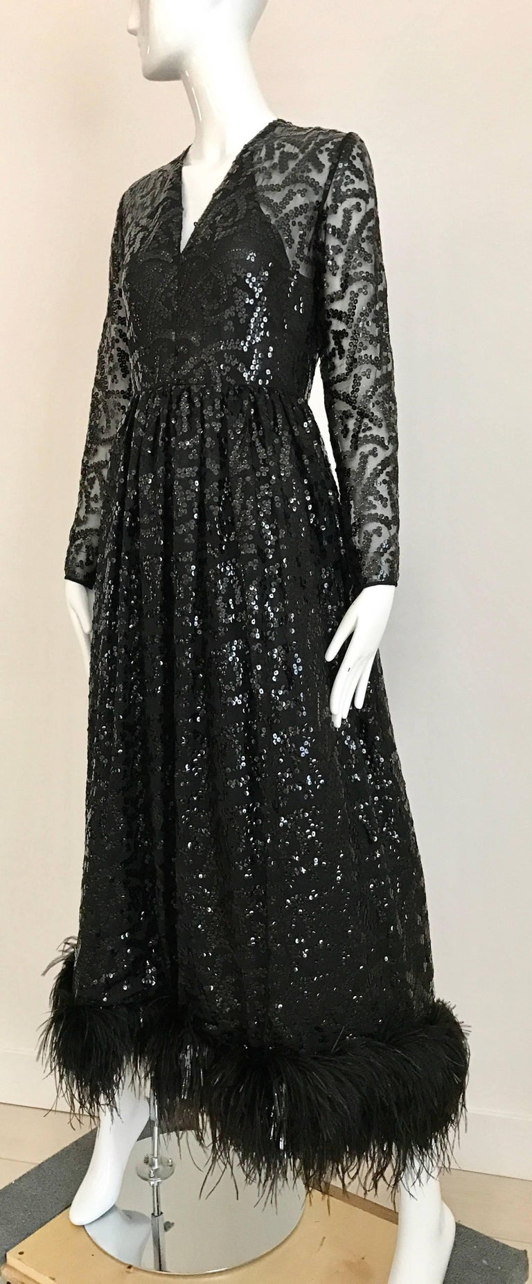 1970s BILL BLASS Black V Neck Sequin Gown with Ostrich Feathers In Excellent Condition For Sale In Beverly Hills, CA