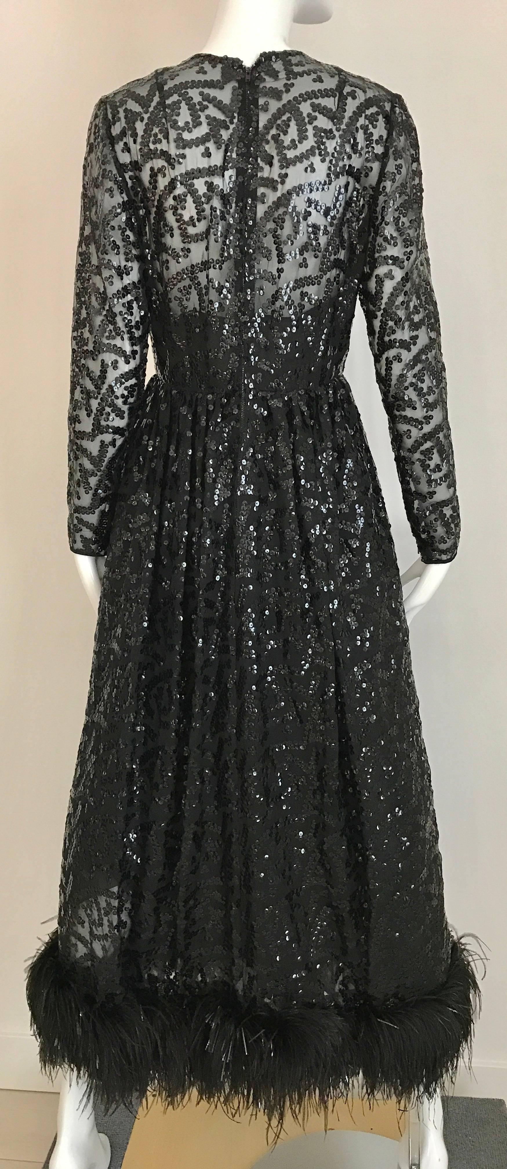 1970s BILL BLASS Black V Neck Sequin Gown with Ostrich Feathers 1