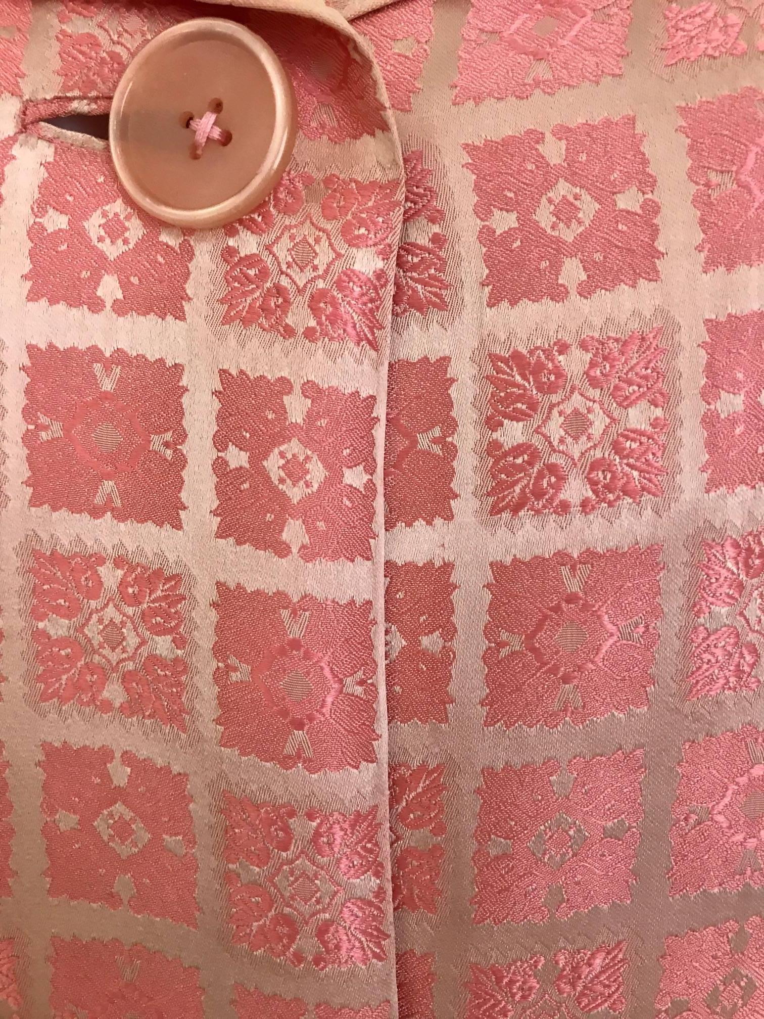 1970s CHRISTIAN DIOR Pink Mosaic Checkered Print Silk jacquared Coat 1