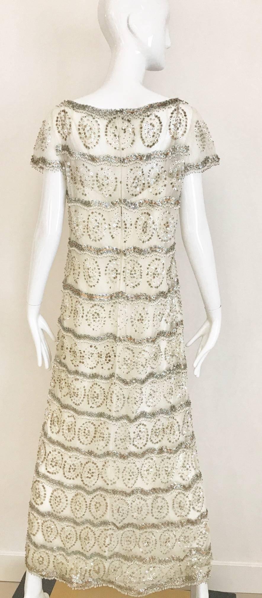 1960s MALCOLM STARR  White Mesh Embellished Beaded Maxi Shift 60s Dress In Excellent Condition In Beverly Hills, CA