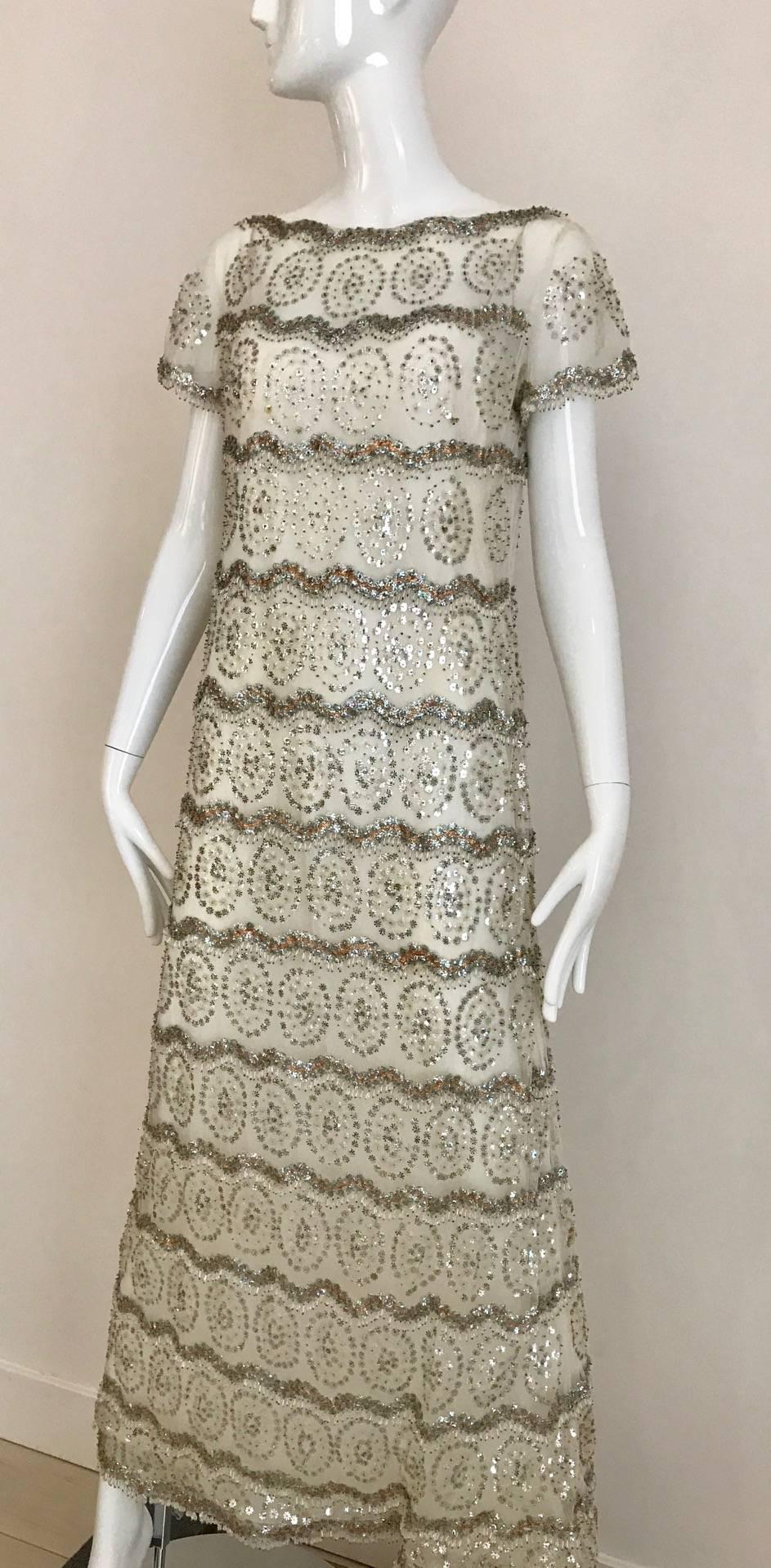 Women's 1960s MALCOLM STARR  White Mesh Embellished Beaded Maxi Shift 60s Dress