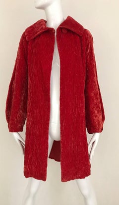 1940s Orange Red Crushed Velvet Coat with Dramatic Sleeves