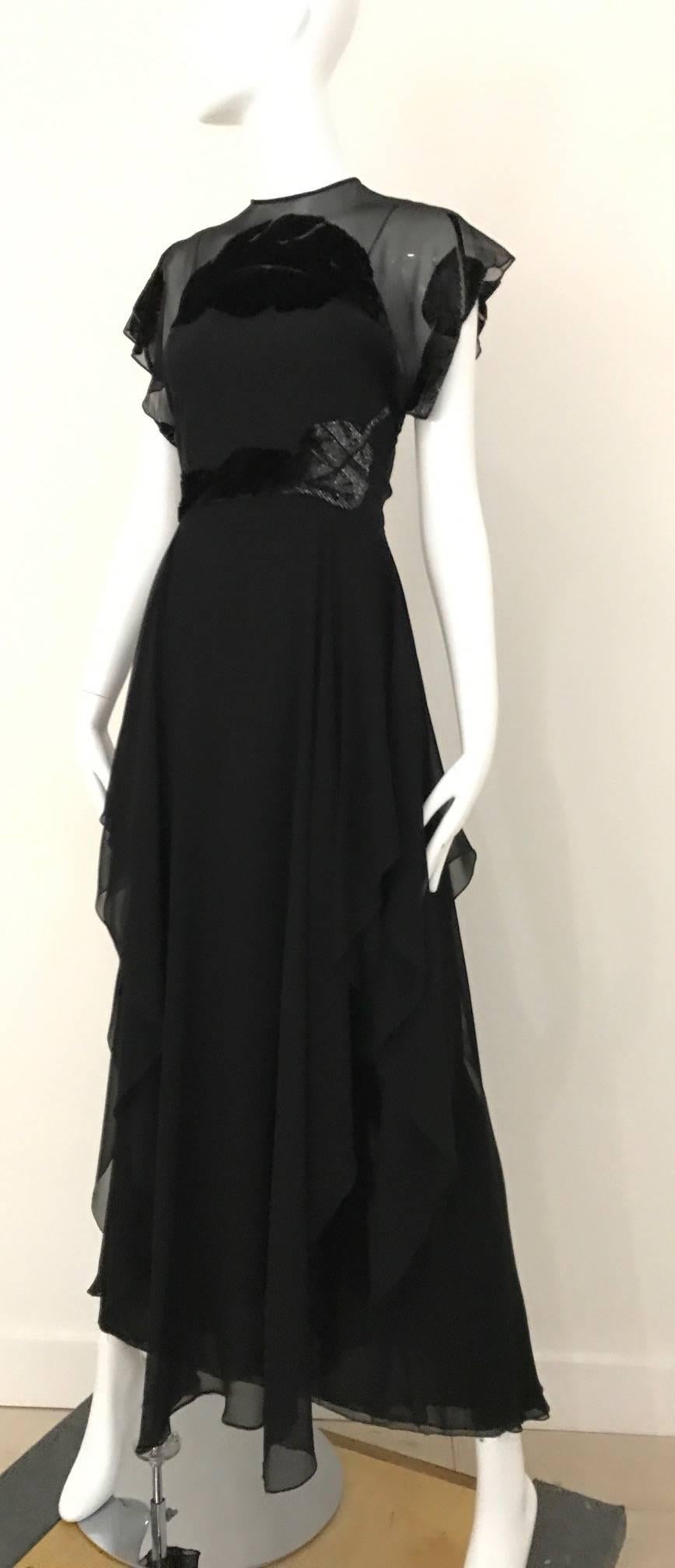 1970s Black Silk Chiffon Velvet Devore Overlay 70s Vintage Dress In Excellent Condition In Beverly Hills, CA