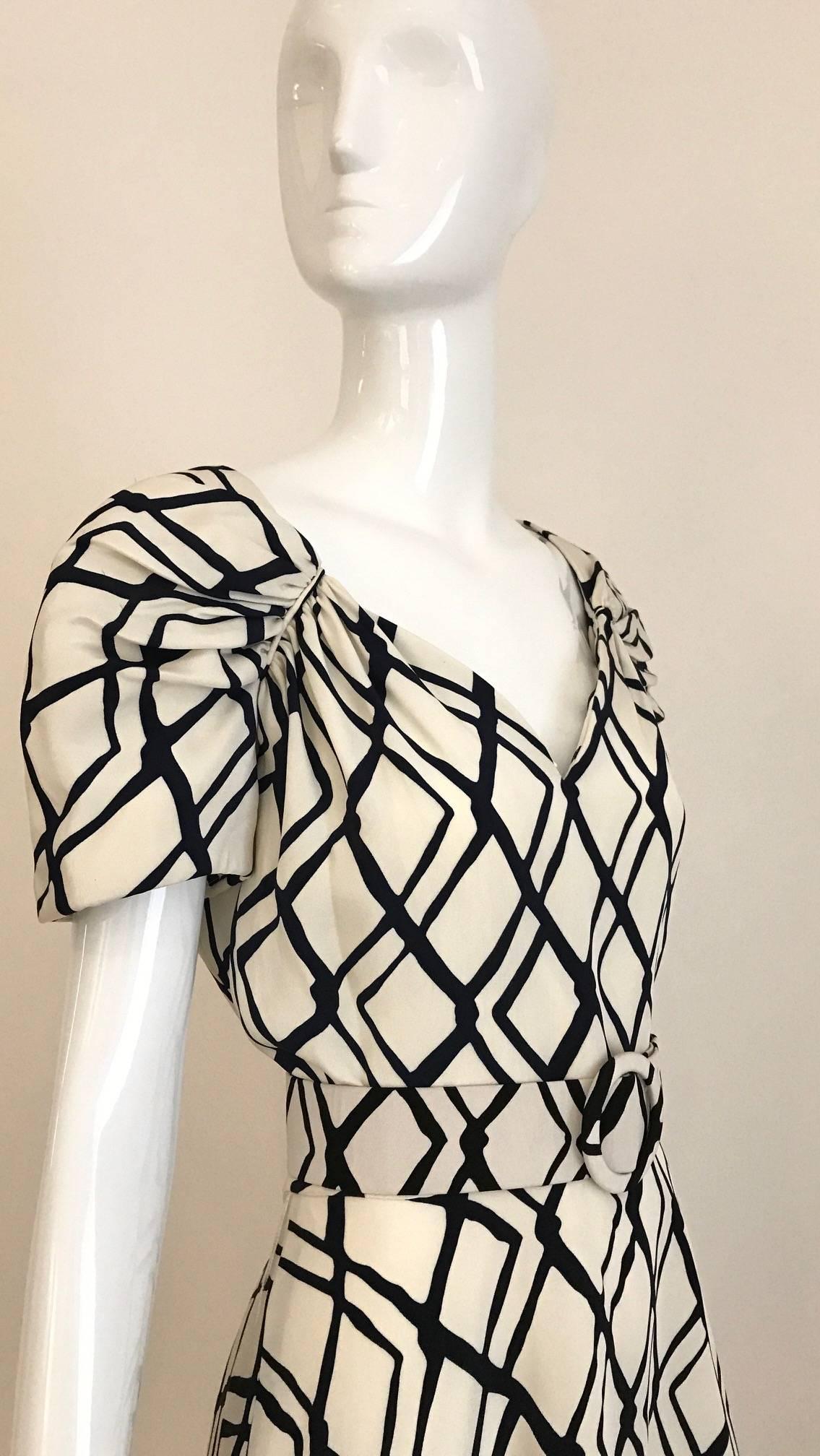 1990s SCAASI Black and Creme Checkered Print Cocktail Dress (Beige)