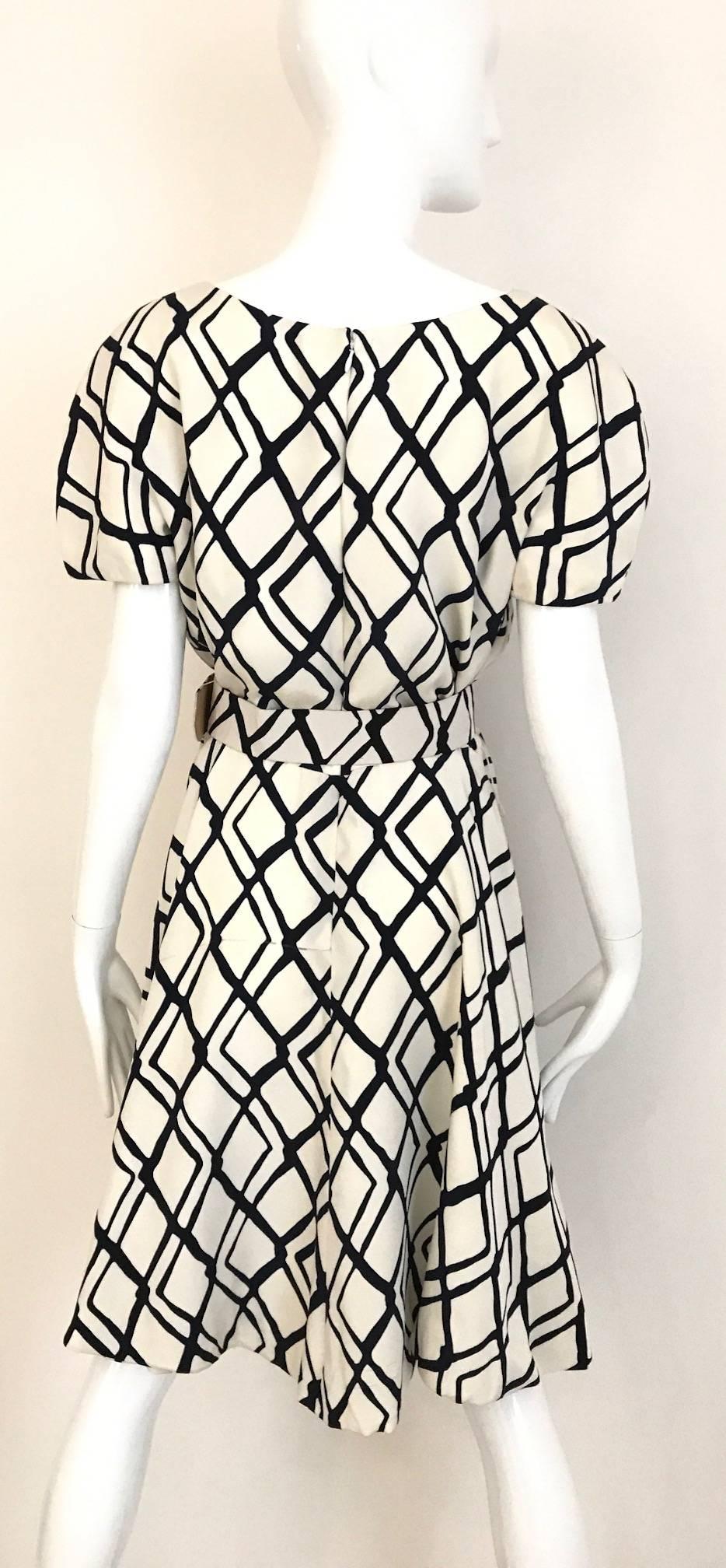 1990s SCAASI Black and Creme Checkered Print Cocktail Dress 1