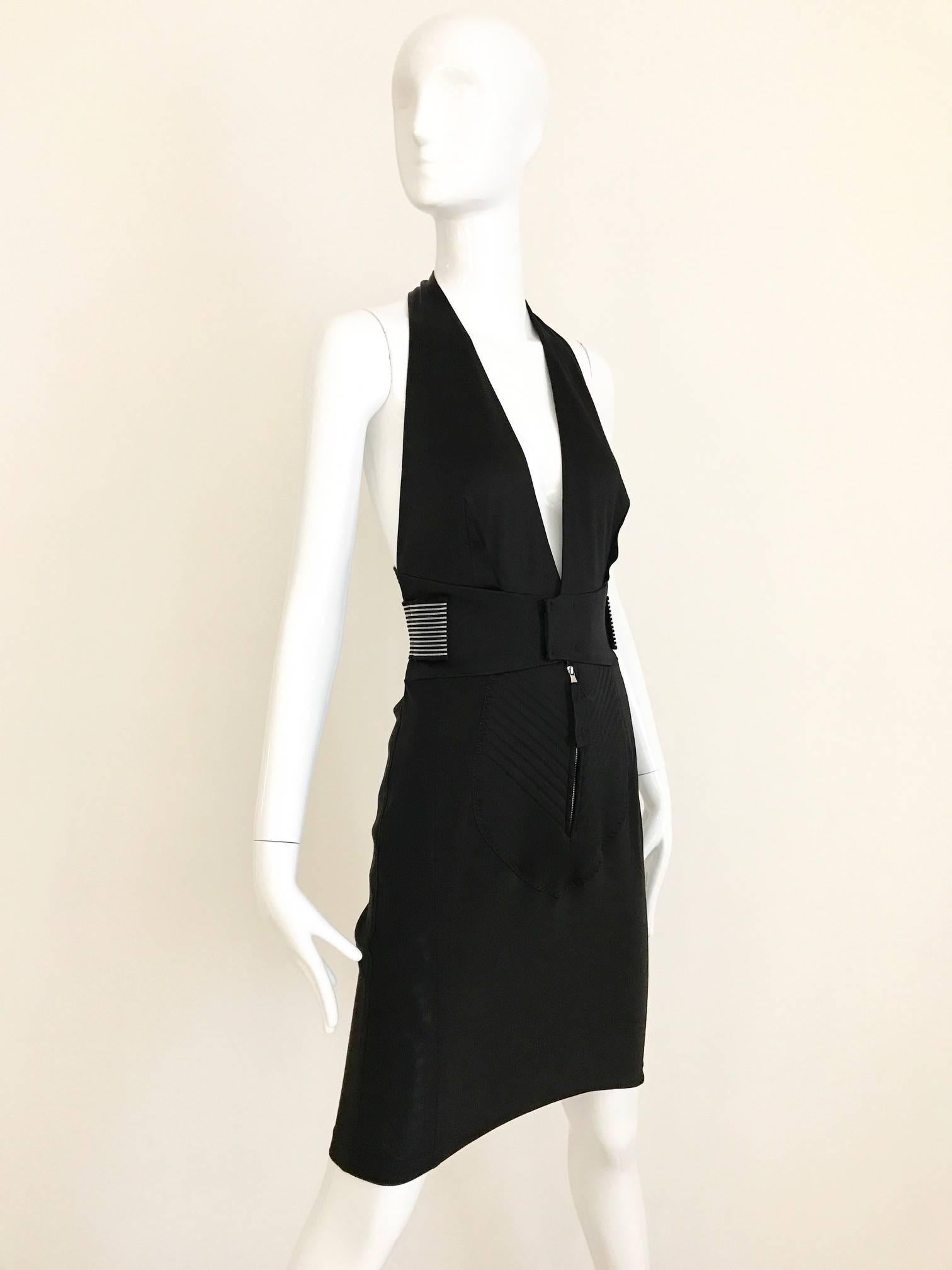 Vintage JEAN PAUL GAULTIER Black V Neck Fitted Dress For Sale 2