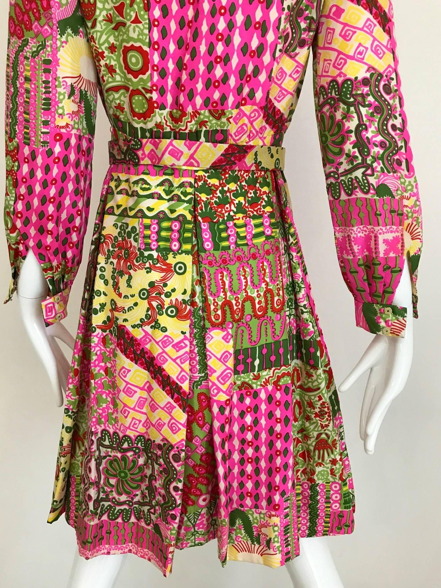 Women's Vintage 1960s Pink and Green Vibrant Psychedelic Print Silk 60s Dress 