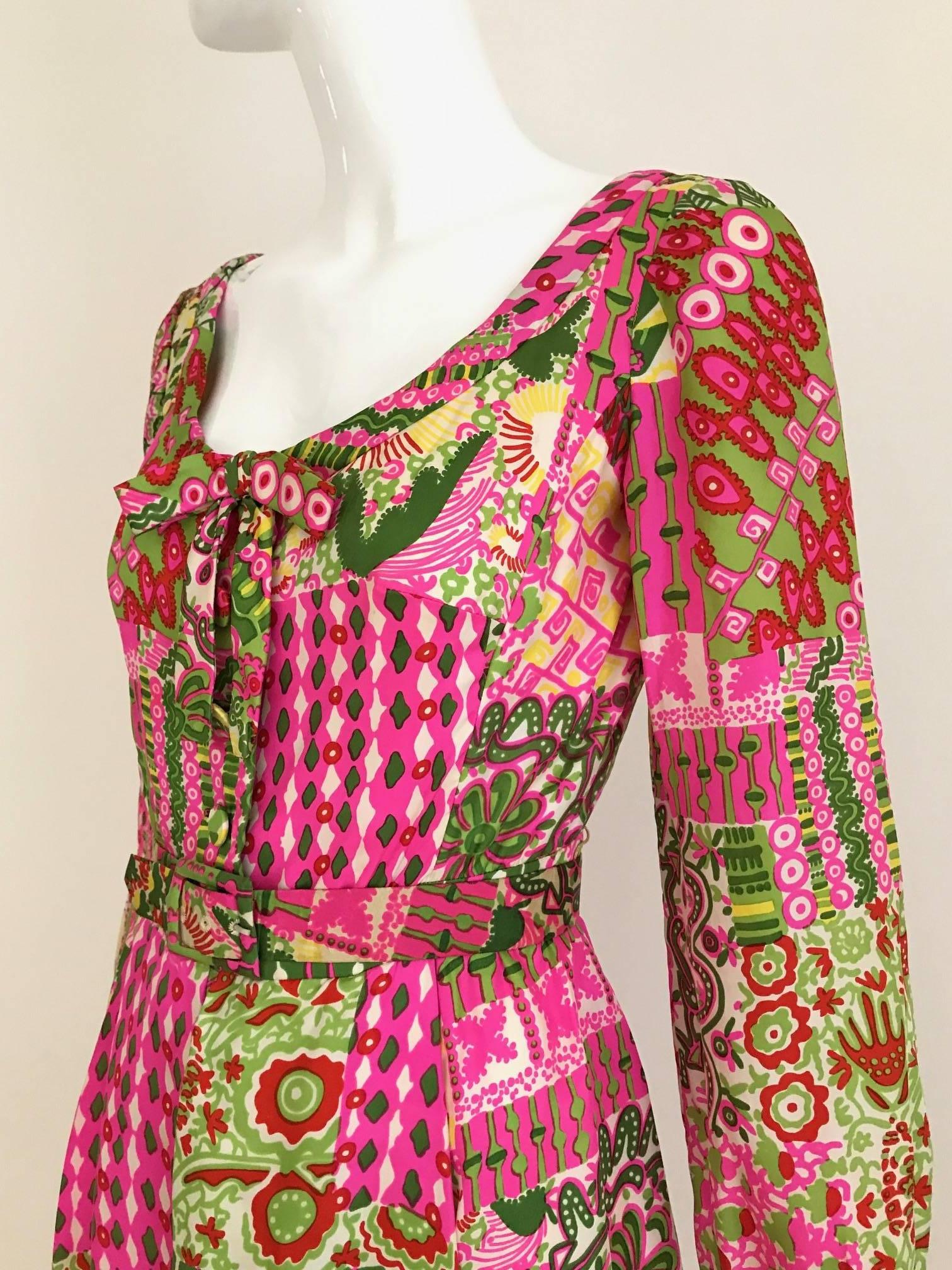 Vintage 1960s Pink and Green Vibrant Psychedelic Print Silk 60s Dress  1