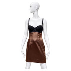 Vintage Dolce & Gabbana Bronze Satin Black Lace Bustier Mini Dress