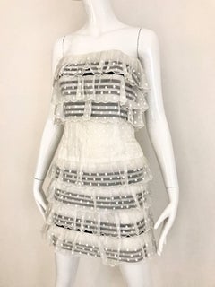 1980s CHANEL White and Black Ribbon Cotton Swissdot Strapless Cocktail Mini dres