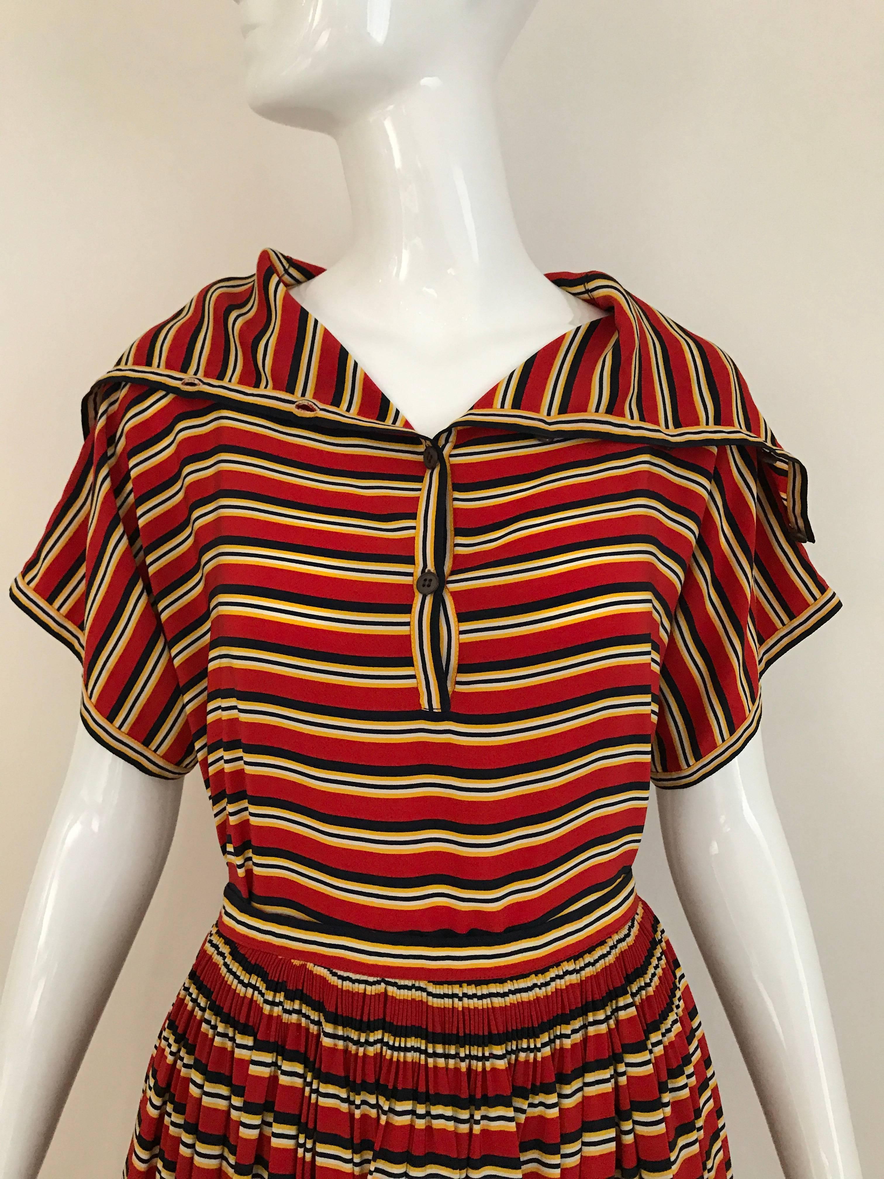1970s Vintage GEOFFREY BEENE Red, Black and Orange Striped Silk Blouse and Skirt 2