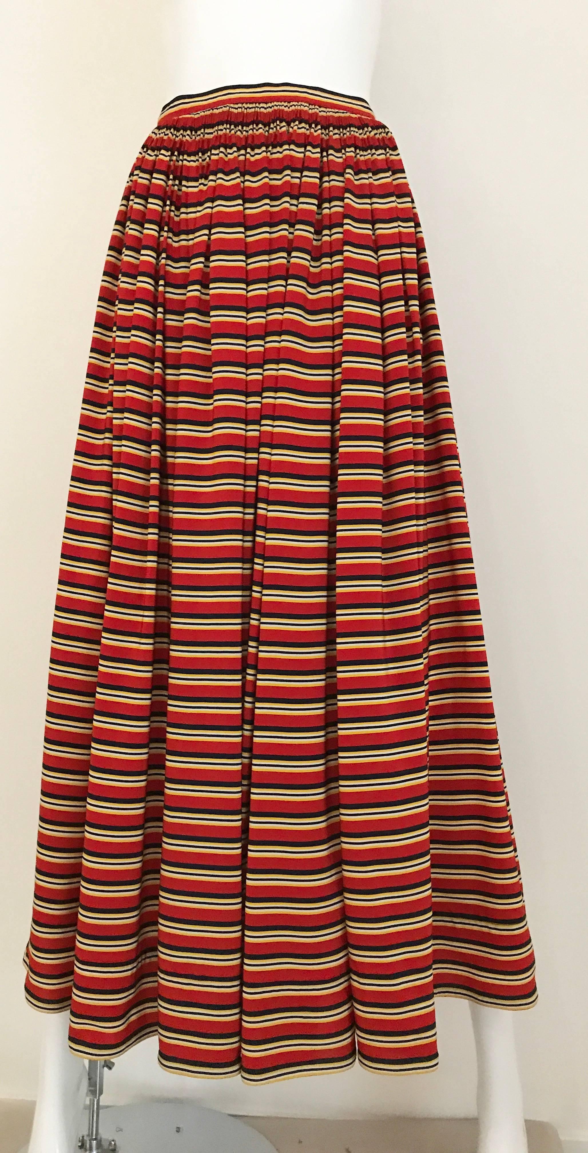 1970s Vintage GEOFFREY BEENE Red, Black and Orange Striped Silk Blouse and Skirt In Excellent Condition In Beverly Hills, CA