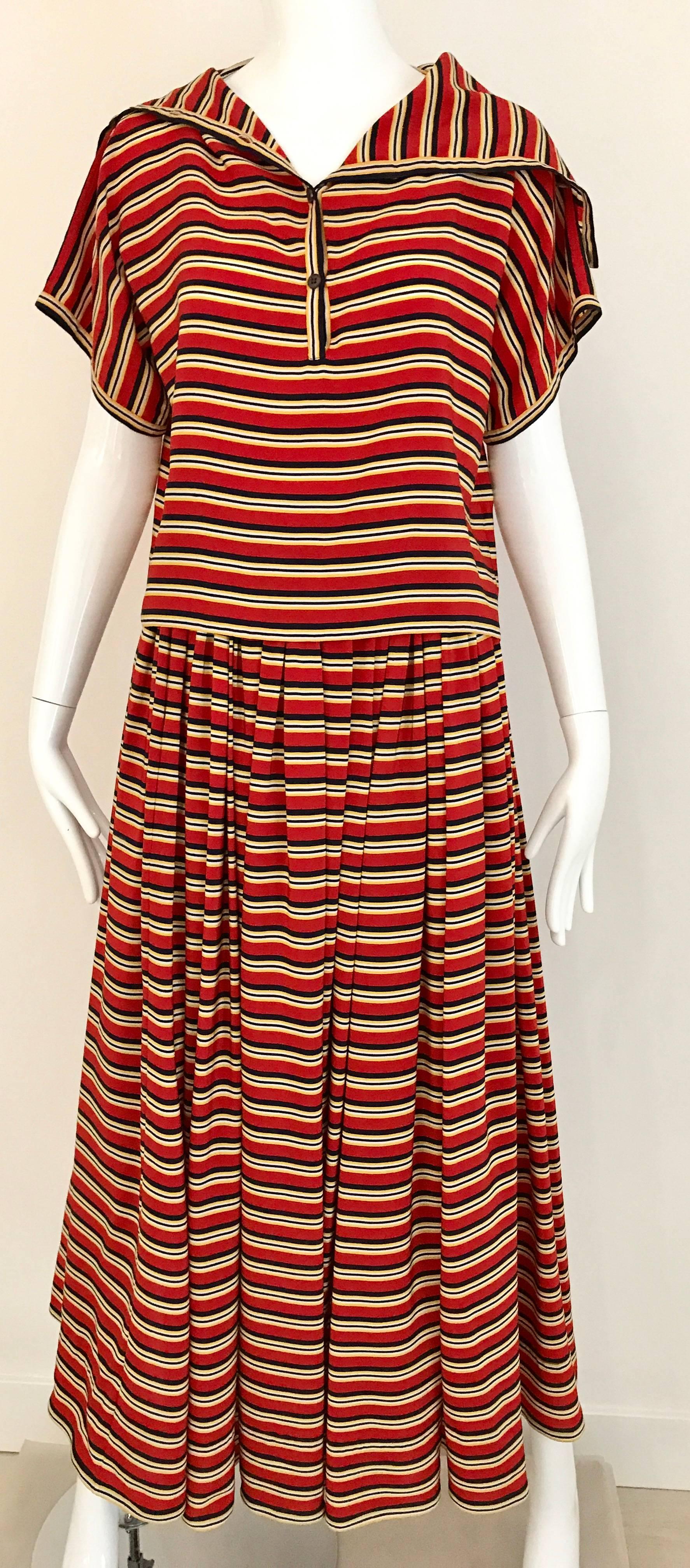 Women's 1970s Vintage GEOFFREY BEENE Red, Black and Orange Striped Silk Blouse and Skirt