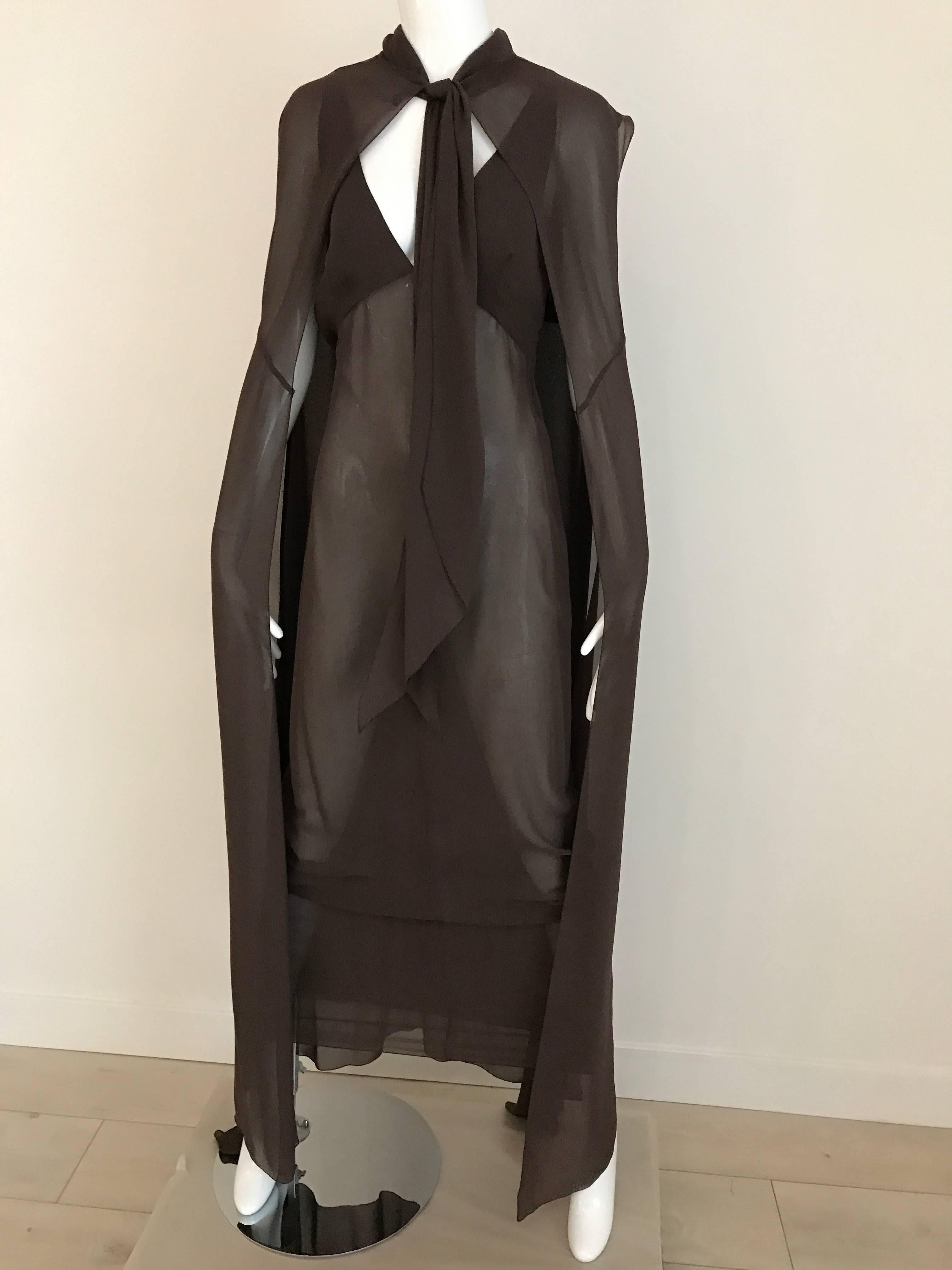 1990s CHANEL Brown Crepe Dress with Sleeveless Overlay Long Vest 2