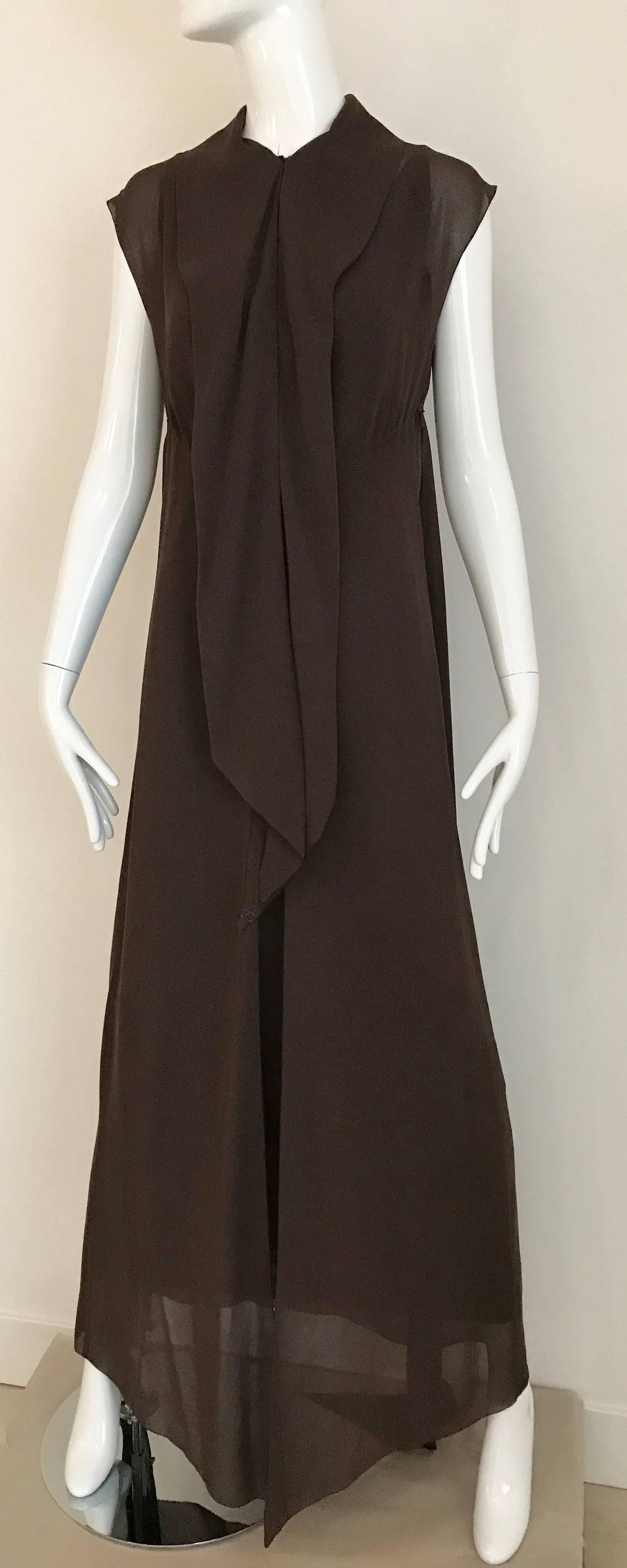 Black 1990s CHANEL Brown Crepe Dress with Sleeveless Overlay Long Vest