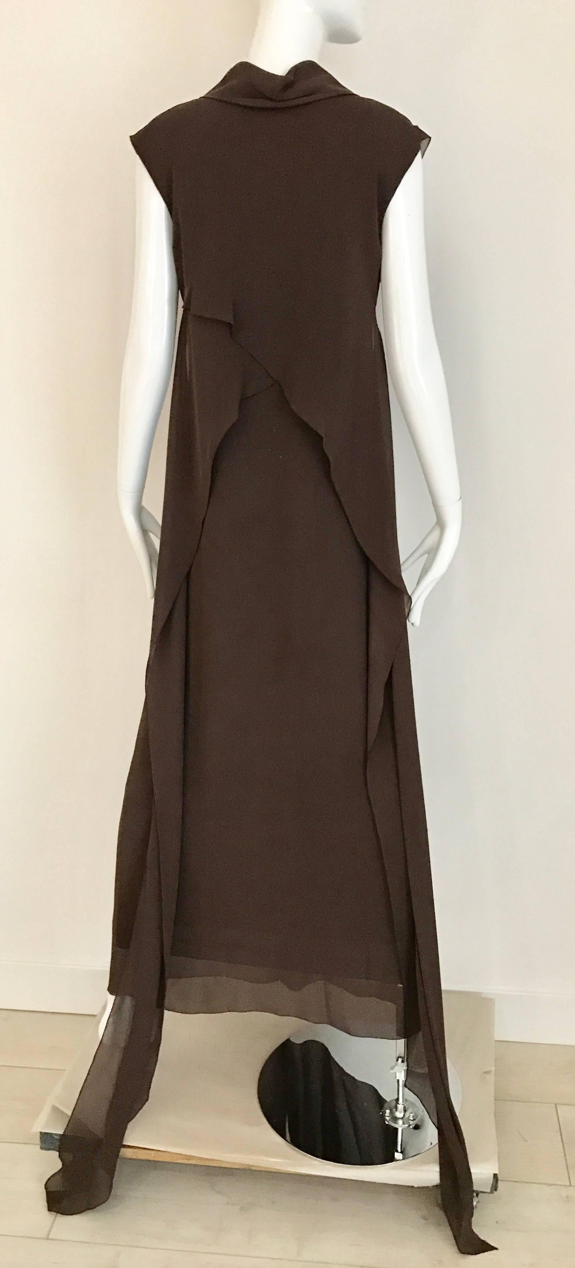 1990s CHANEL Brown Crepe Dress with Sleeveless Overlay Long Vest 1