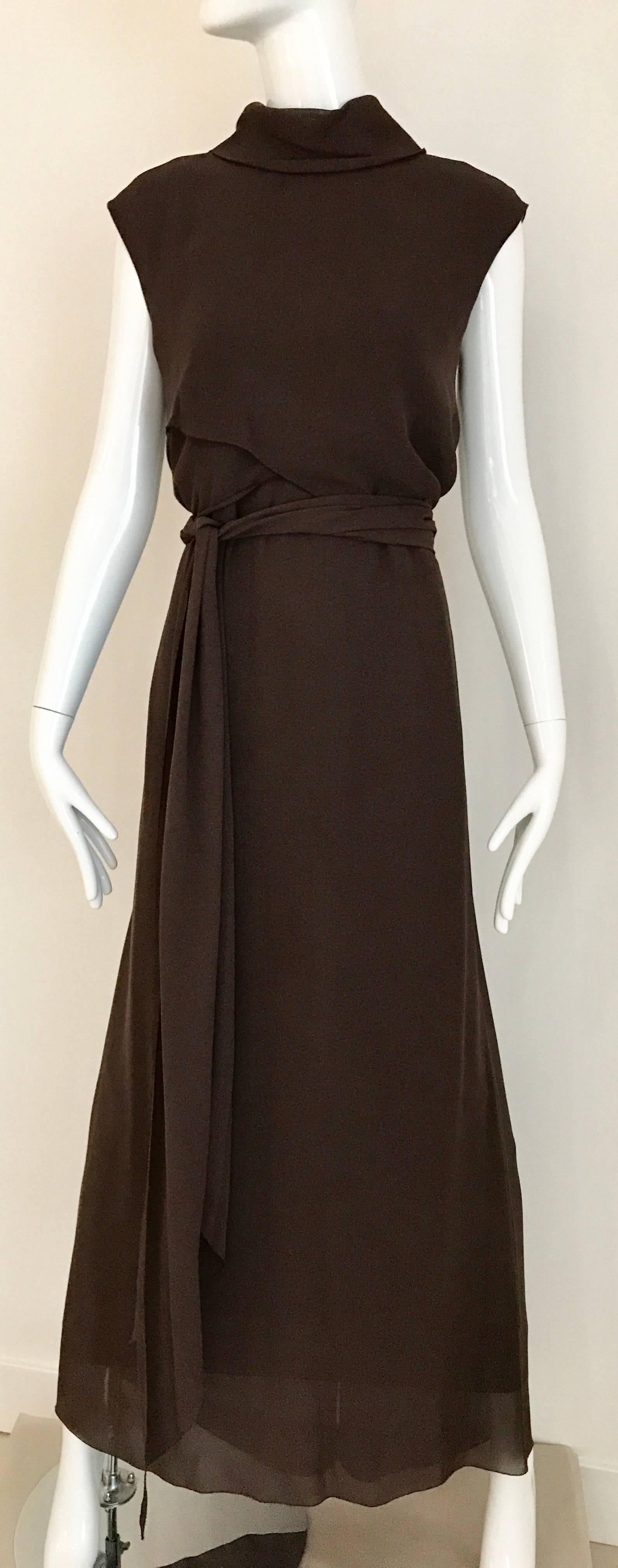 1990s CHANEL Brown Crepe Dress with Sleeveless Overlay Long Vest In Excellent Condition In Beverly Hills, CA