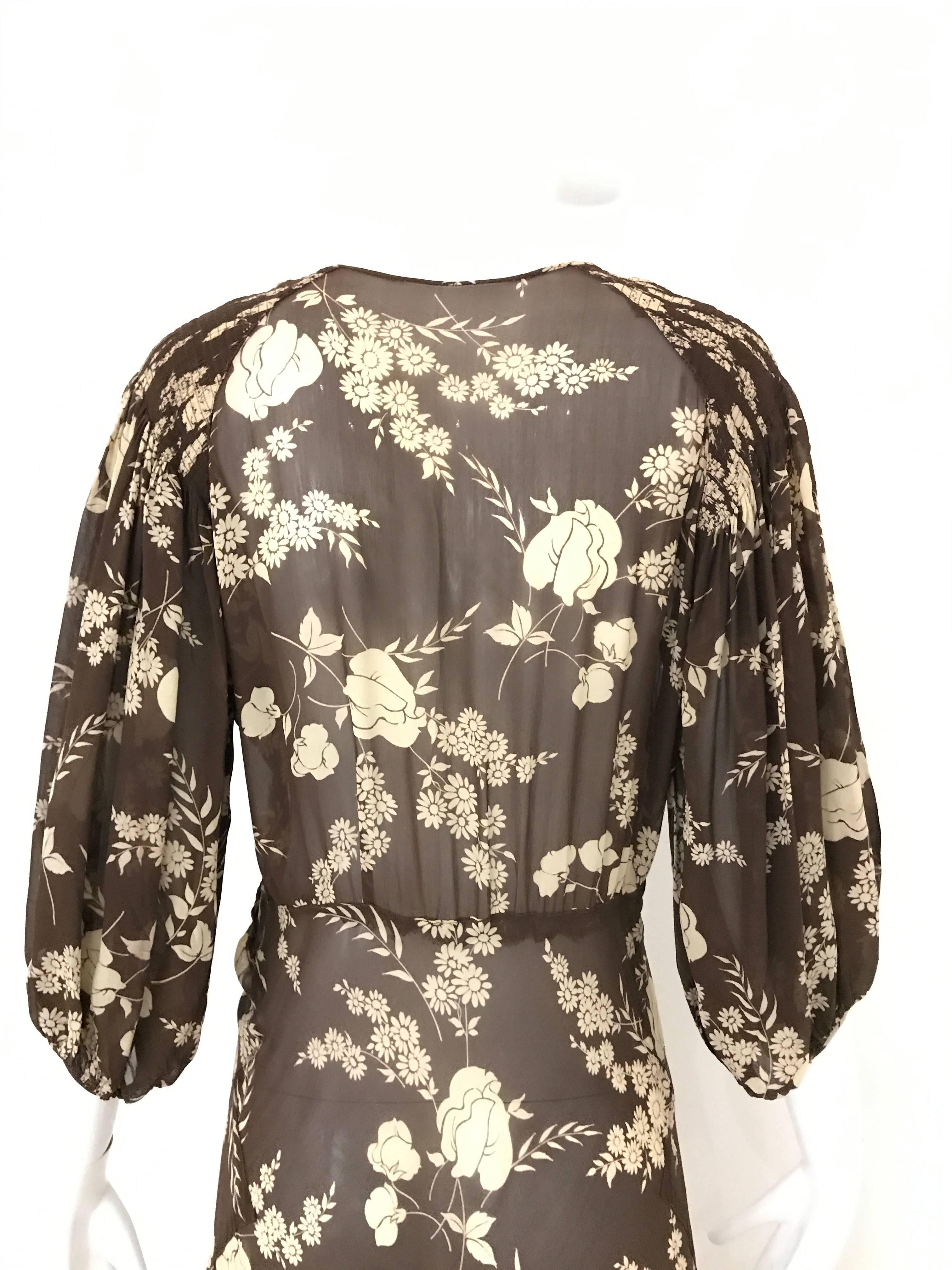 Women's 1930s Brown and Creme Floral Print Silk Dress