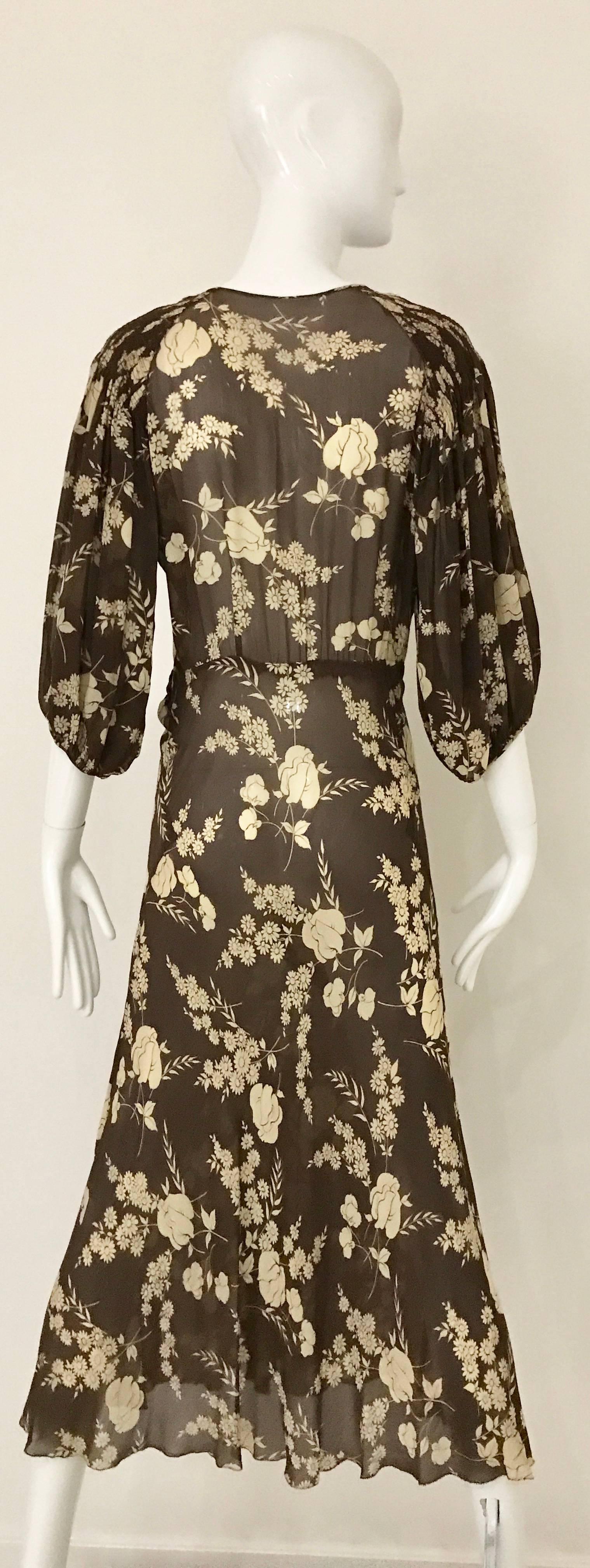 Black 1930s Brown and Creme Floral Print Silk Dress