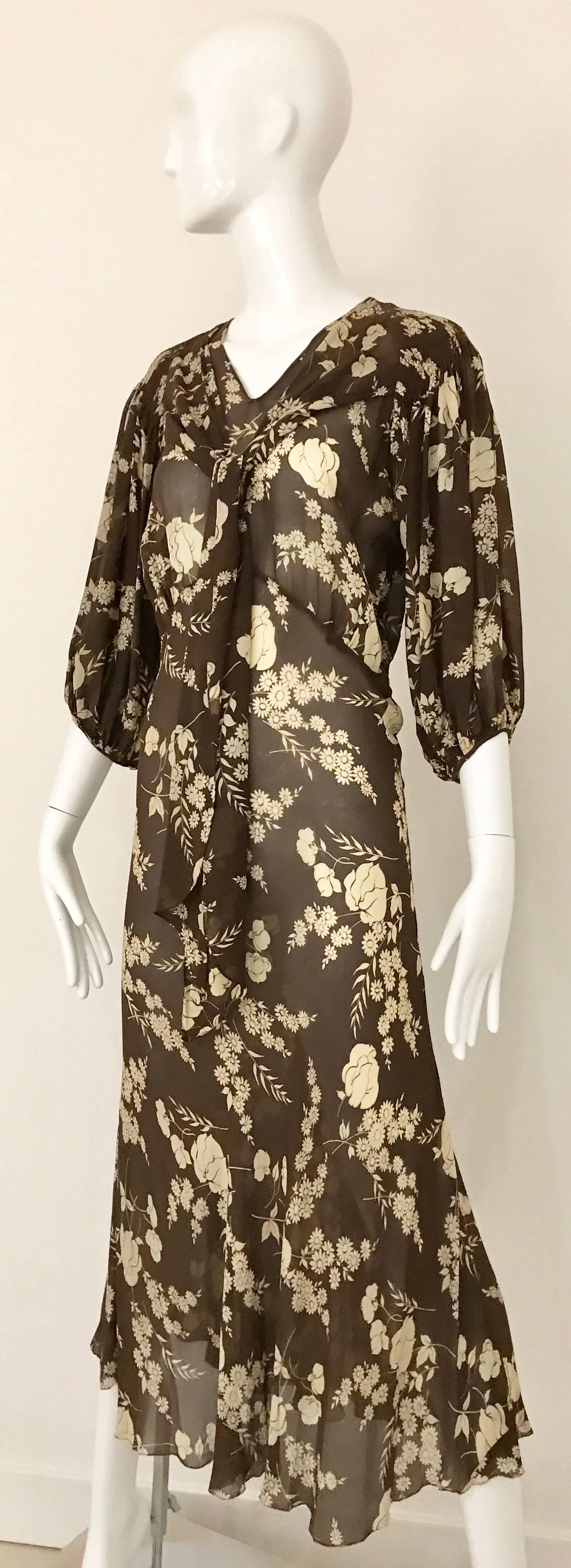 1930s Brown and Creme Floral Print Silk Dress 1
