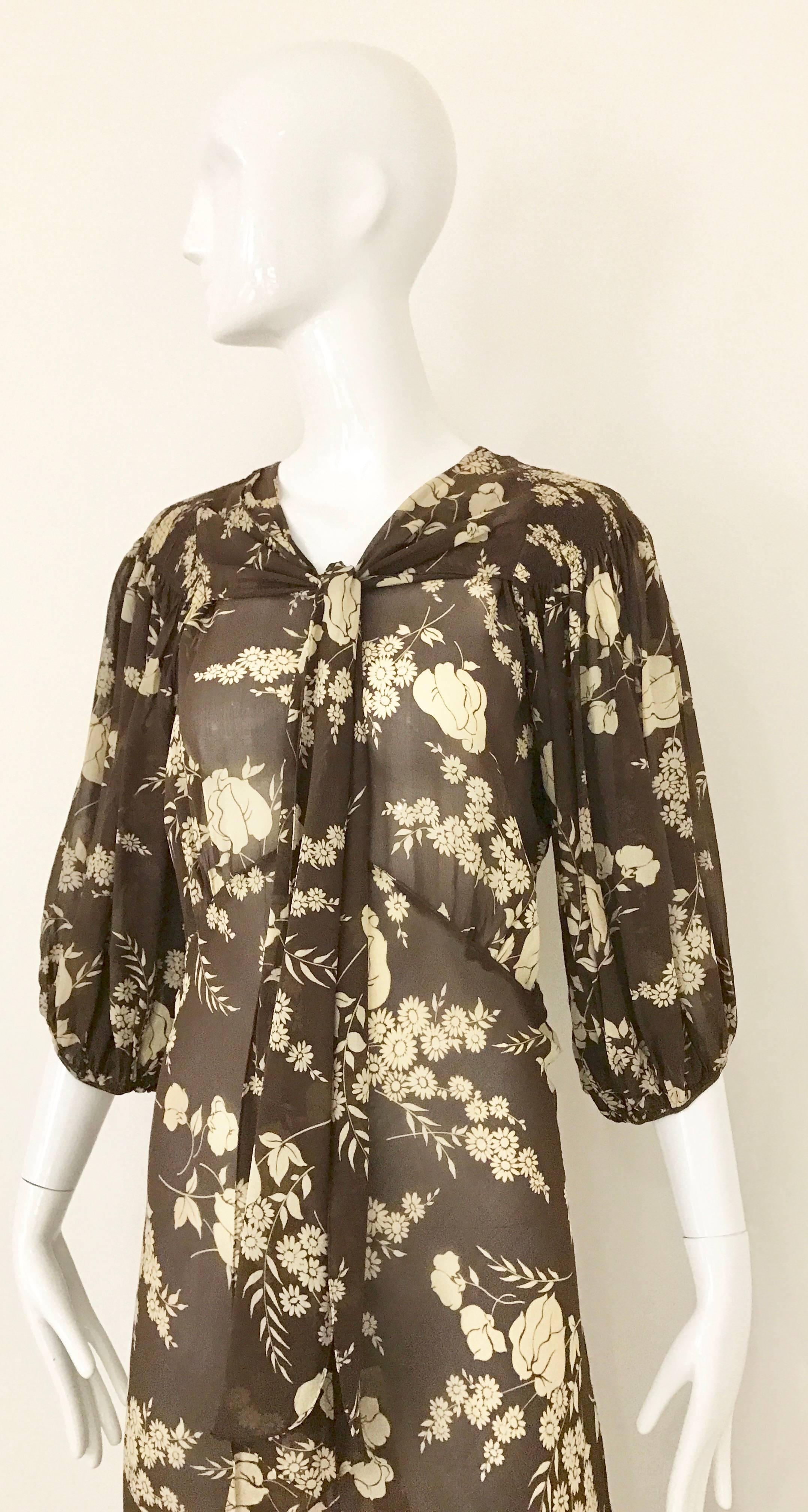 1930s Brown and Creme Floral Print Silk Dress 2