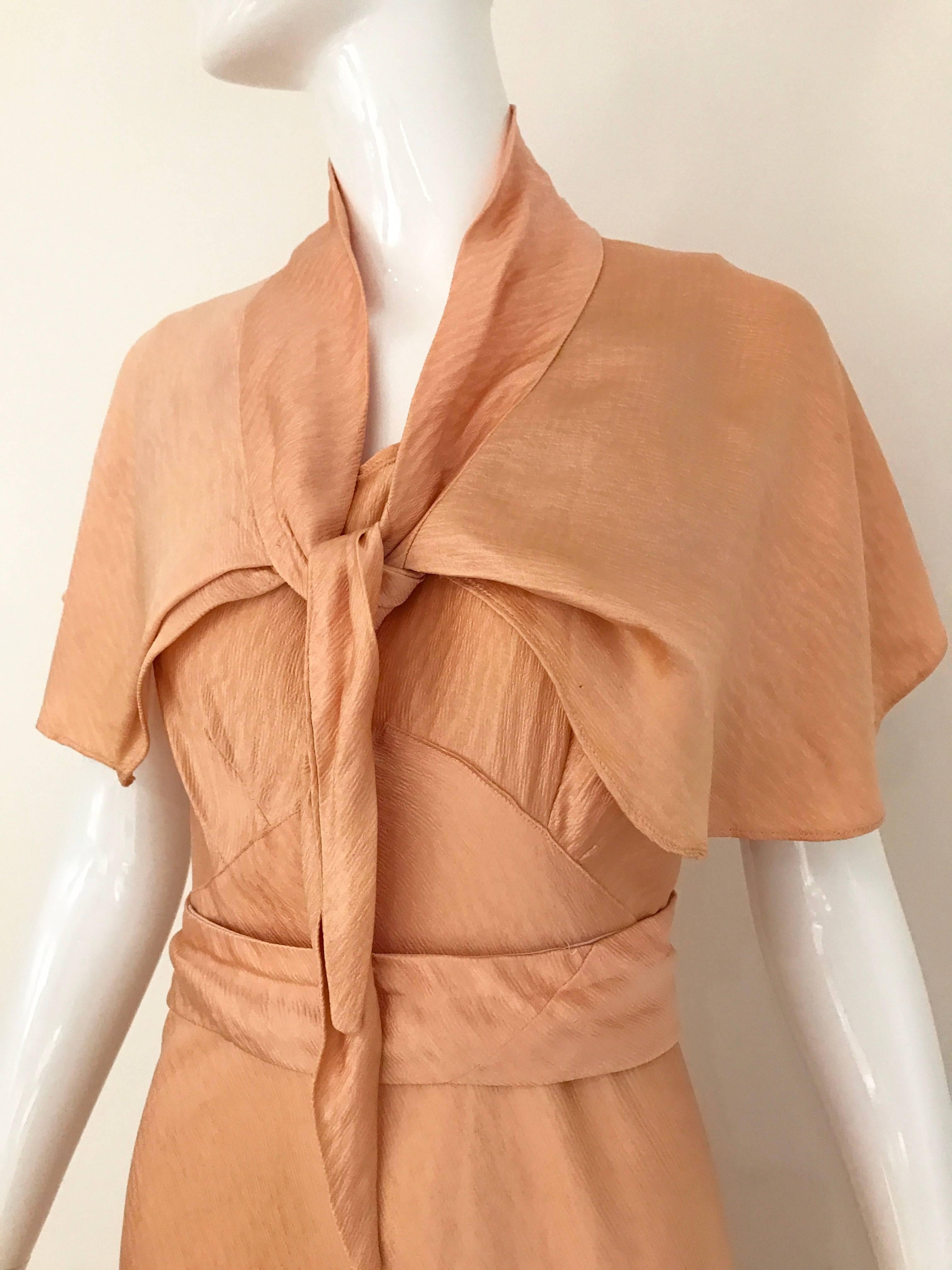 Orange 1930s Peach Silk Bias Cut Dress with Shawl Capelet 
