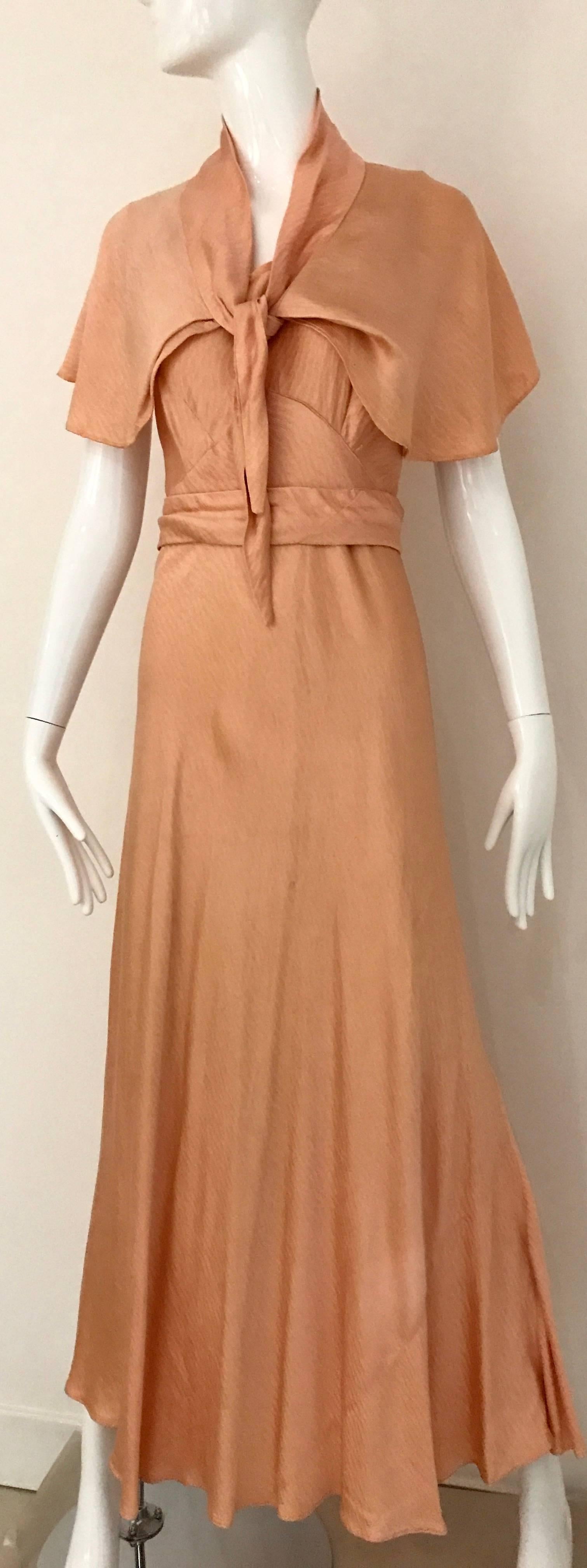1930s Peach Silk Bias Cut Dress with Shawl Capelet  3