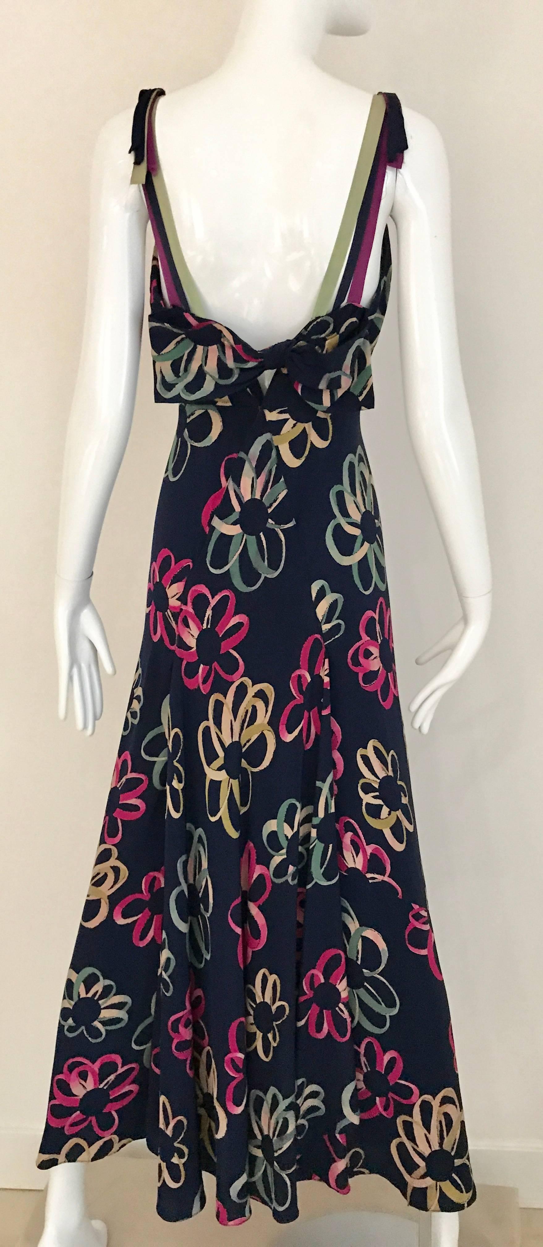 Black 1930s Blue Silk Bias Cut Dress with Multi Color Floral Pattern 