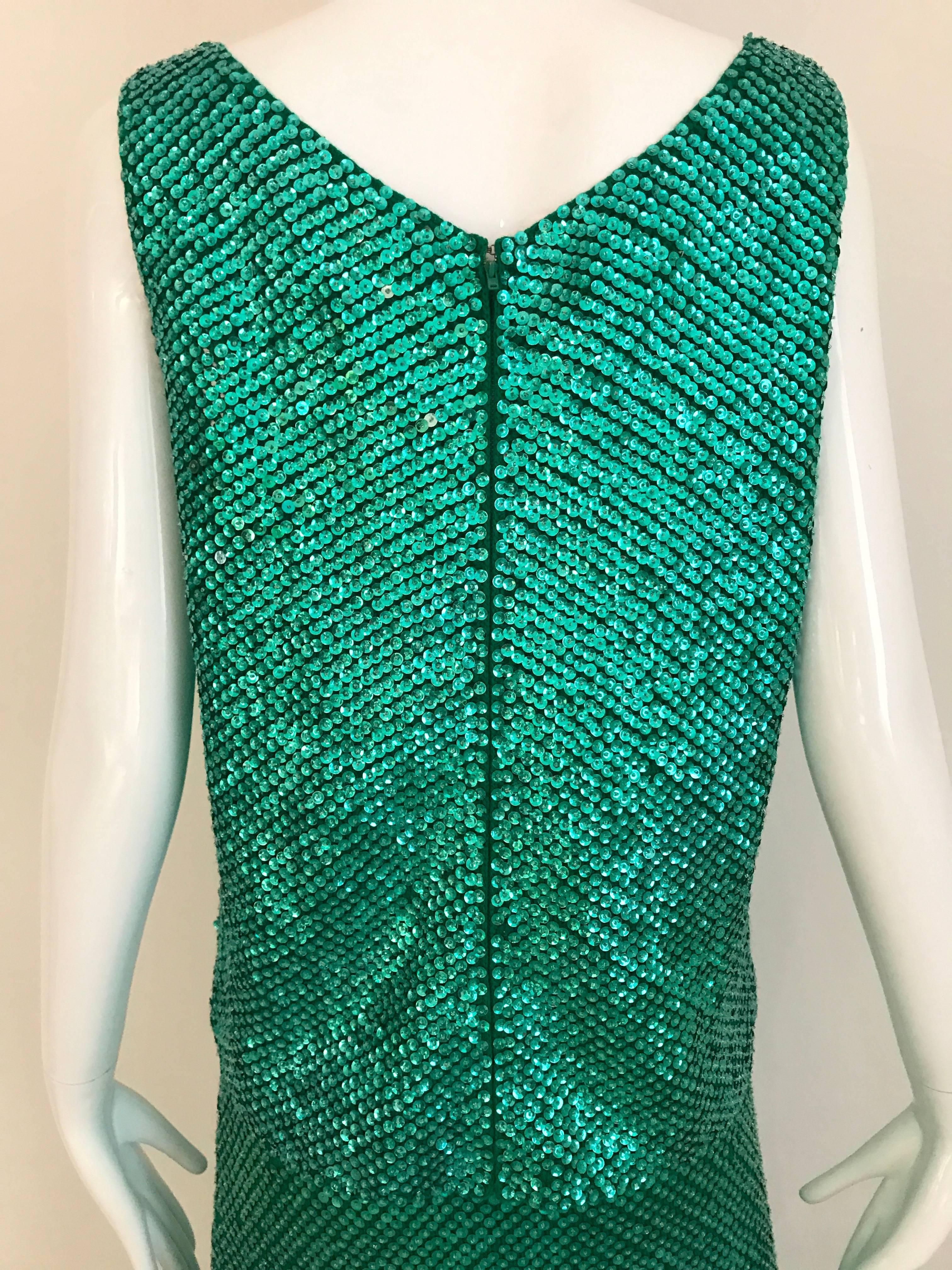 Women's 1960s Gene Shelly Emerald Green Sequin Wool Knit Sleeveless Top and Maxi Skirt 