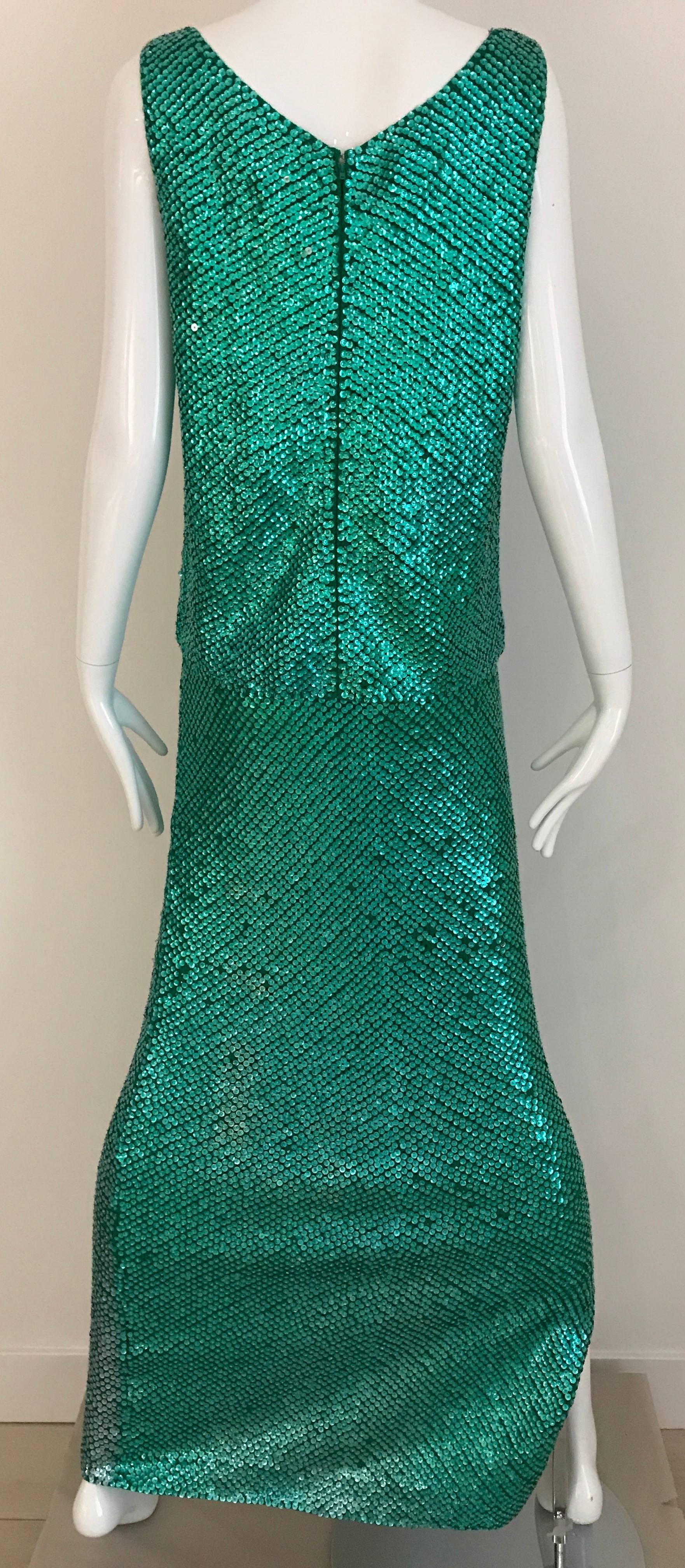 1960s Gene Shelly Emerald Green Sequin Wool Knit Sleeveless Top and Maxi Skirt  In Excellent Condition In Beverly Hills, CA
