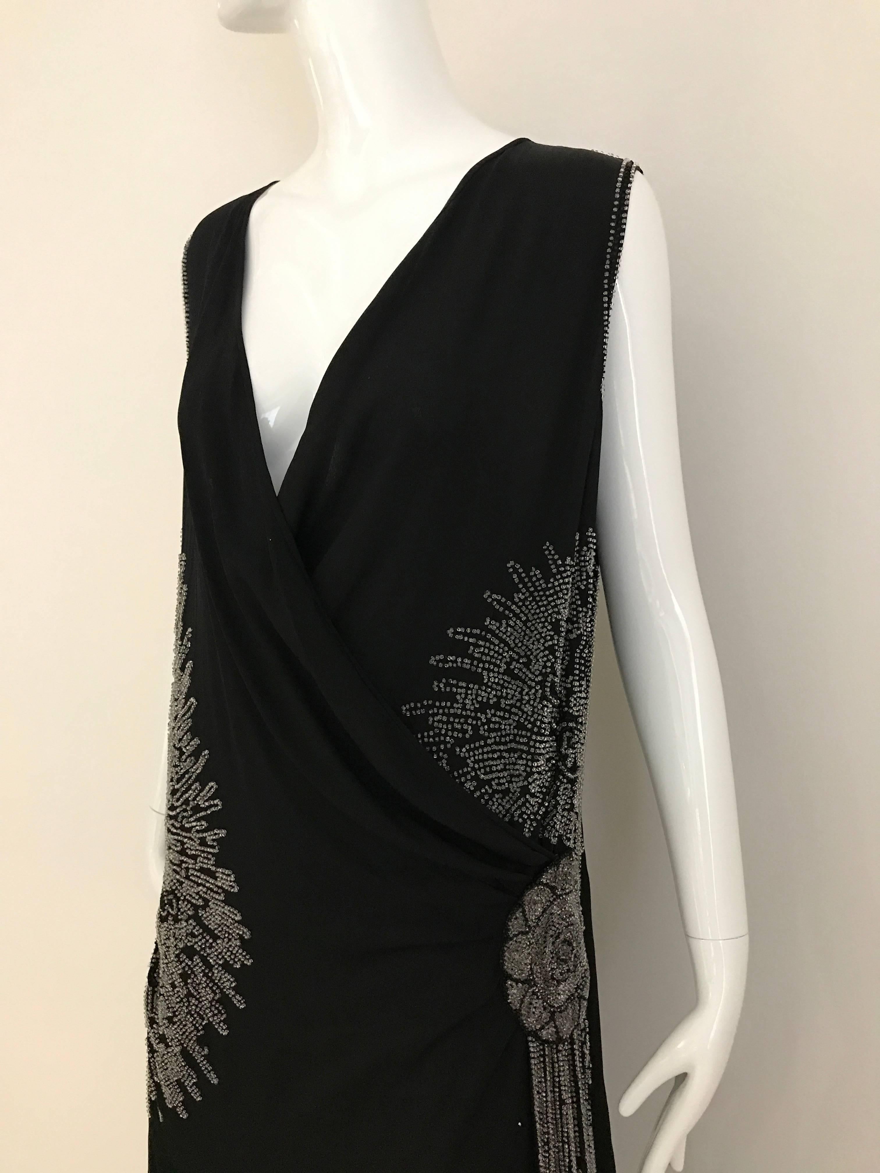 1920s Black Silk Beaded Flapper Dress Large size For Sale 1