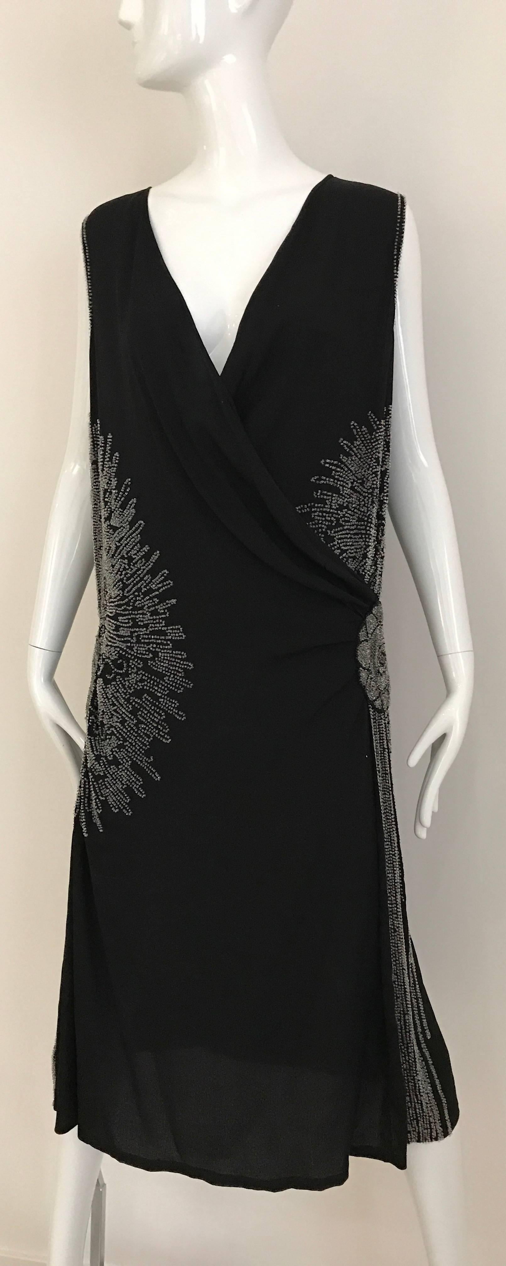 Women's 1920s Black Silk Beaded Flapper Dress Large size For Sale