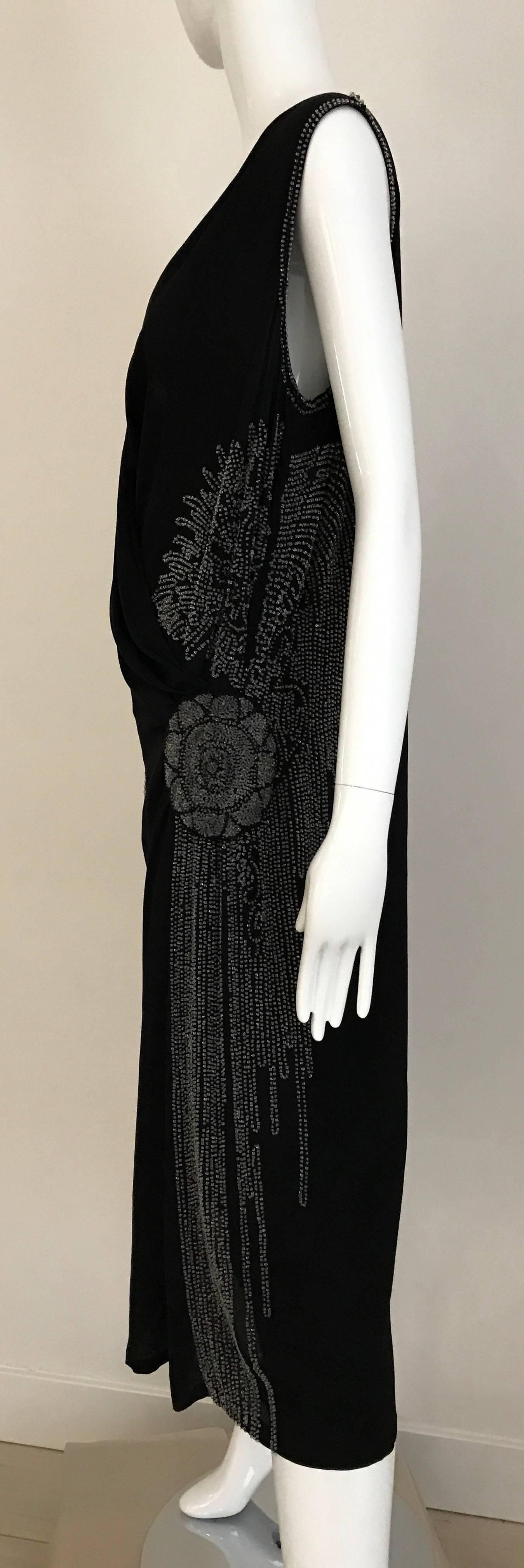 1920s Black Silk Beaded Flapper Dress Large size For Sale 2