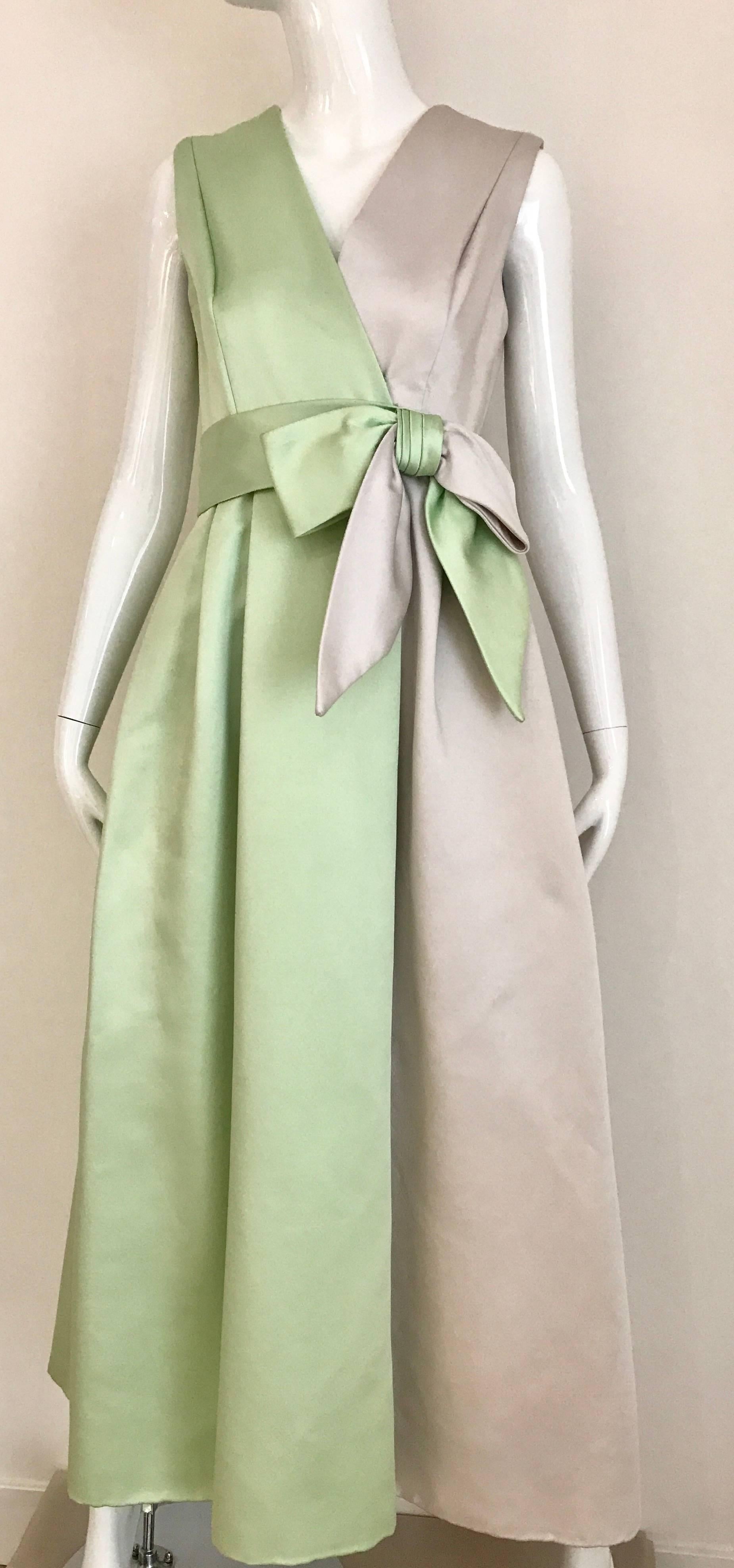 Gray 1960s Celadon Green and Grey Sleeveless Silk Dres with Bow