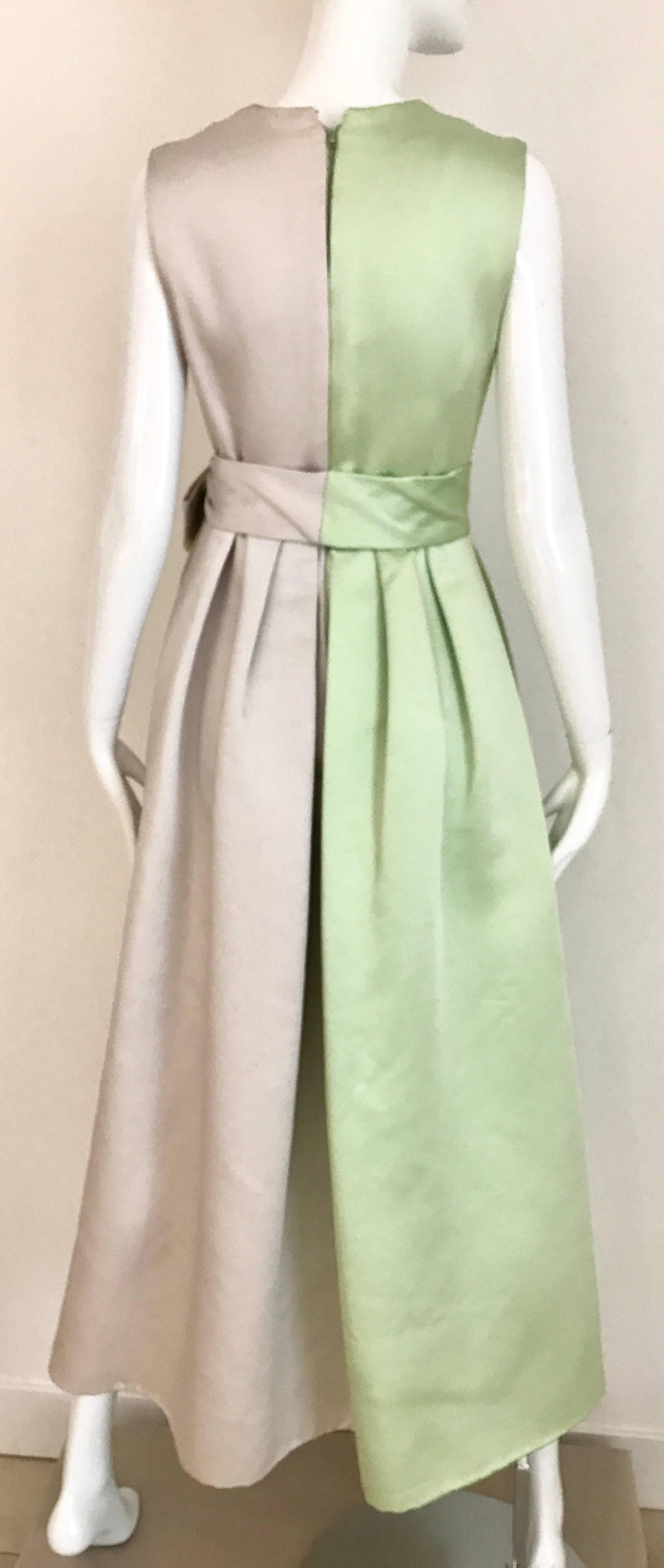 Women's 1960s Celadon Green and Grey Sleeveless Silk Dres with Bow