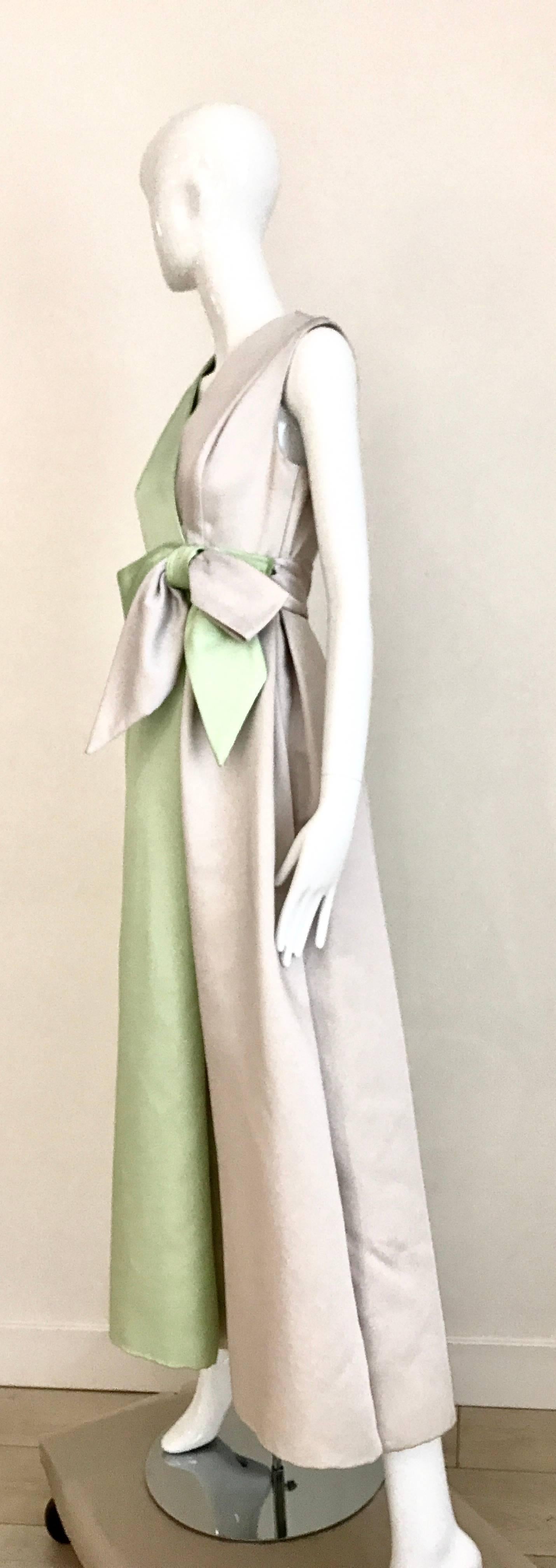 1960s Celadon Green and Grey Sleeveless Silk Dres with Bow 1