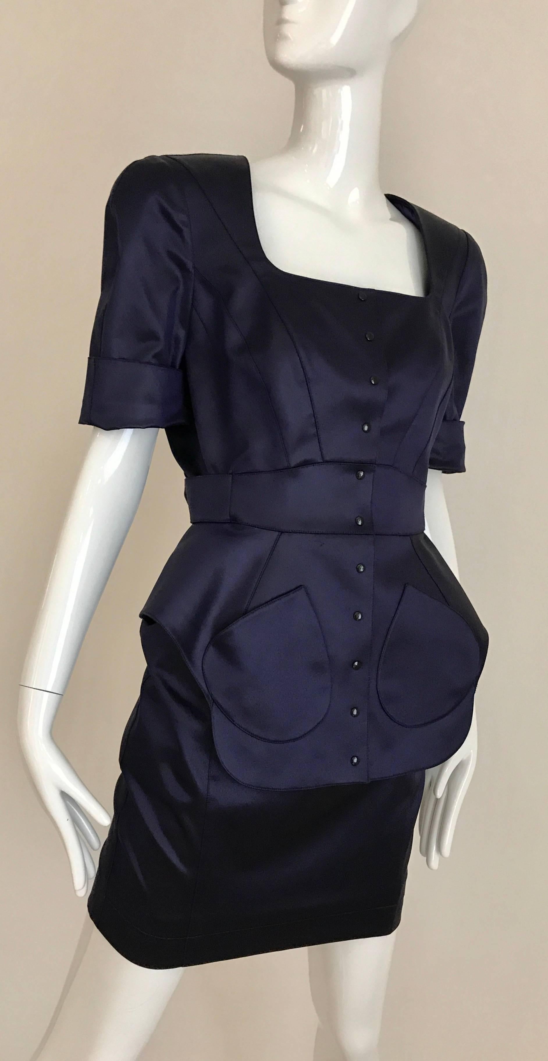 1980s THIERRY MUGLER Blue Satin Jacket and Mini Skirt In Good Condition In Beverly Hills, CA