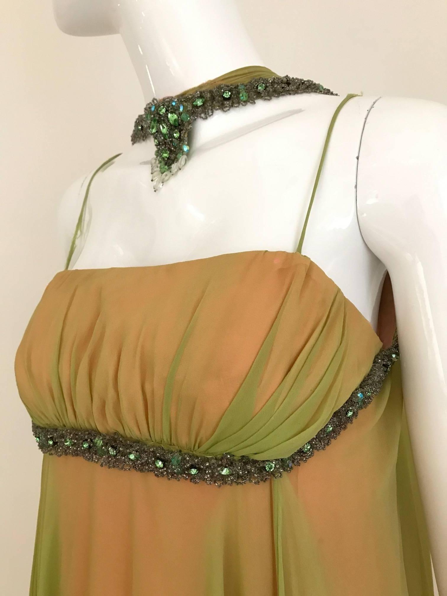 Brown 1960 Chartruese Silk Chiffon Evening Gown with Jeweled Neckline 