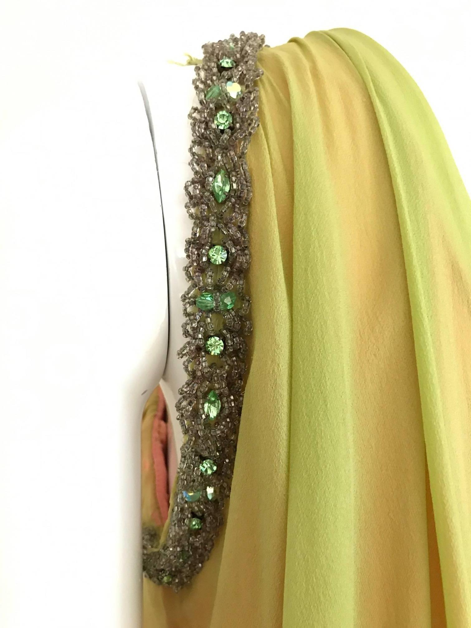 Women's 1960 Chartruese Silk Chiffon Evening Gown with Jeweled Neckline 