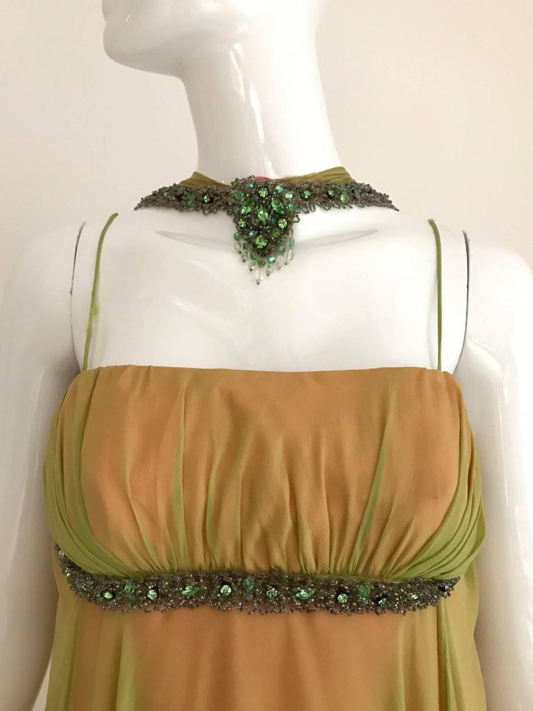1960 Chartruese Silk Chiffon Evening Gown with Jeweled Neckline  For Sale 3