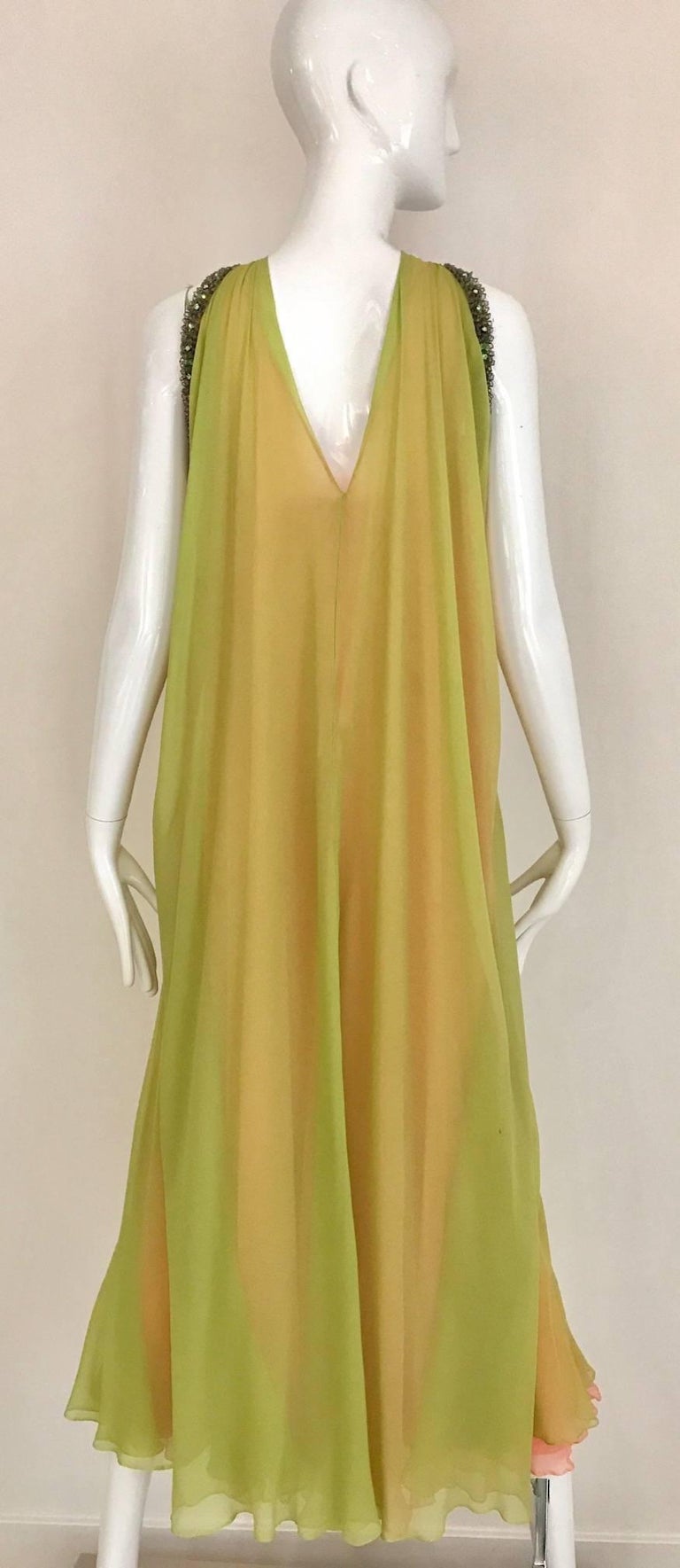1960 Chartruese Silk Chiffon Evening Gown with Jeweled Neckline  For Sale 2