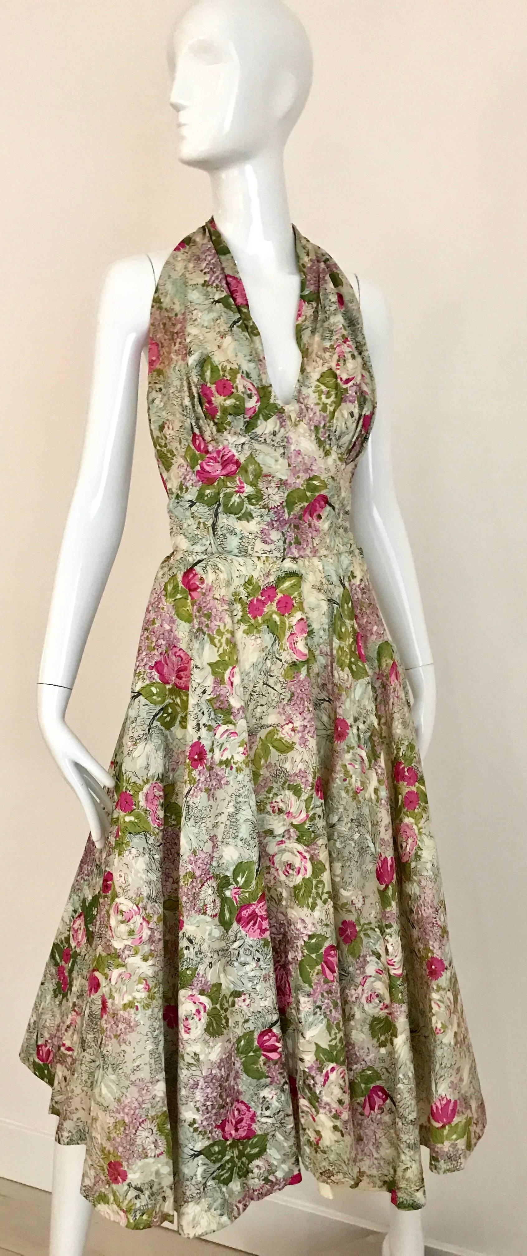 Brown 1950s Water Color Floral Print Halter Silk Cocktail Day Dress 