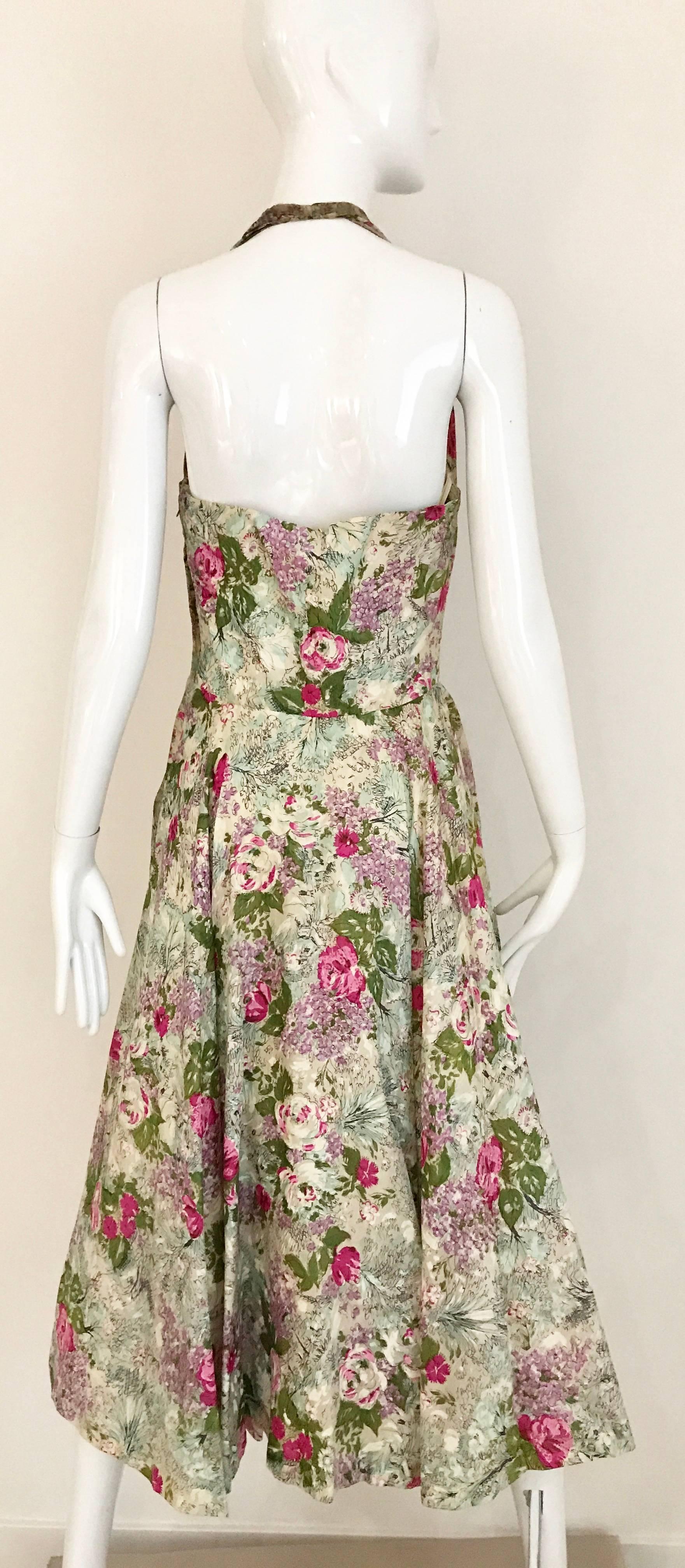1950s Water Color Floral Print Halter Silk Cocktail Day Dress  In Good Condition In Beverly Hills, CA